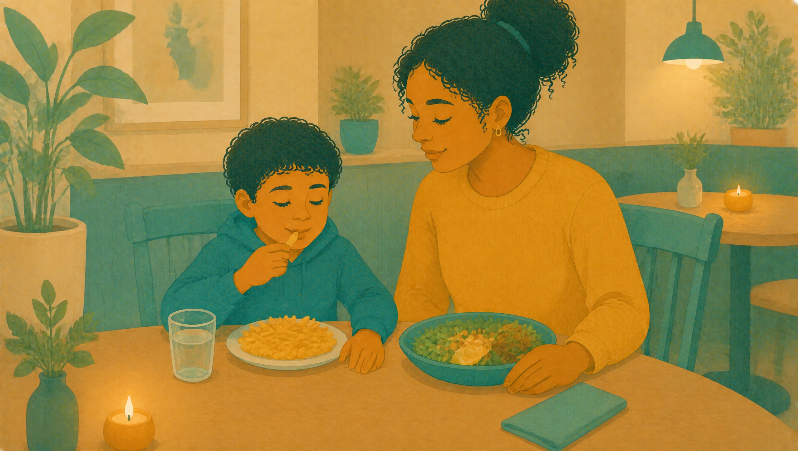 A mother and her young son sit together in a quiet restaurant booth, the boy eating from his own plate while she has her own meal.