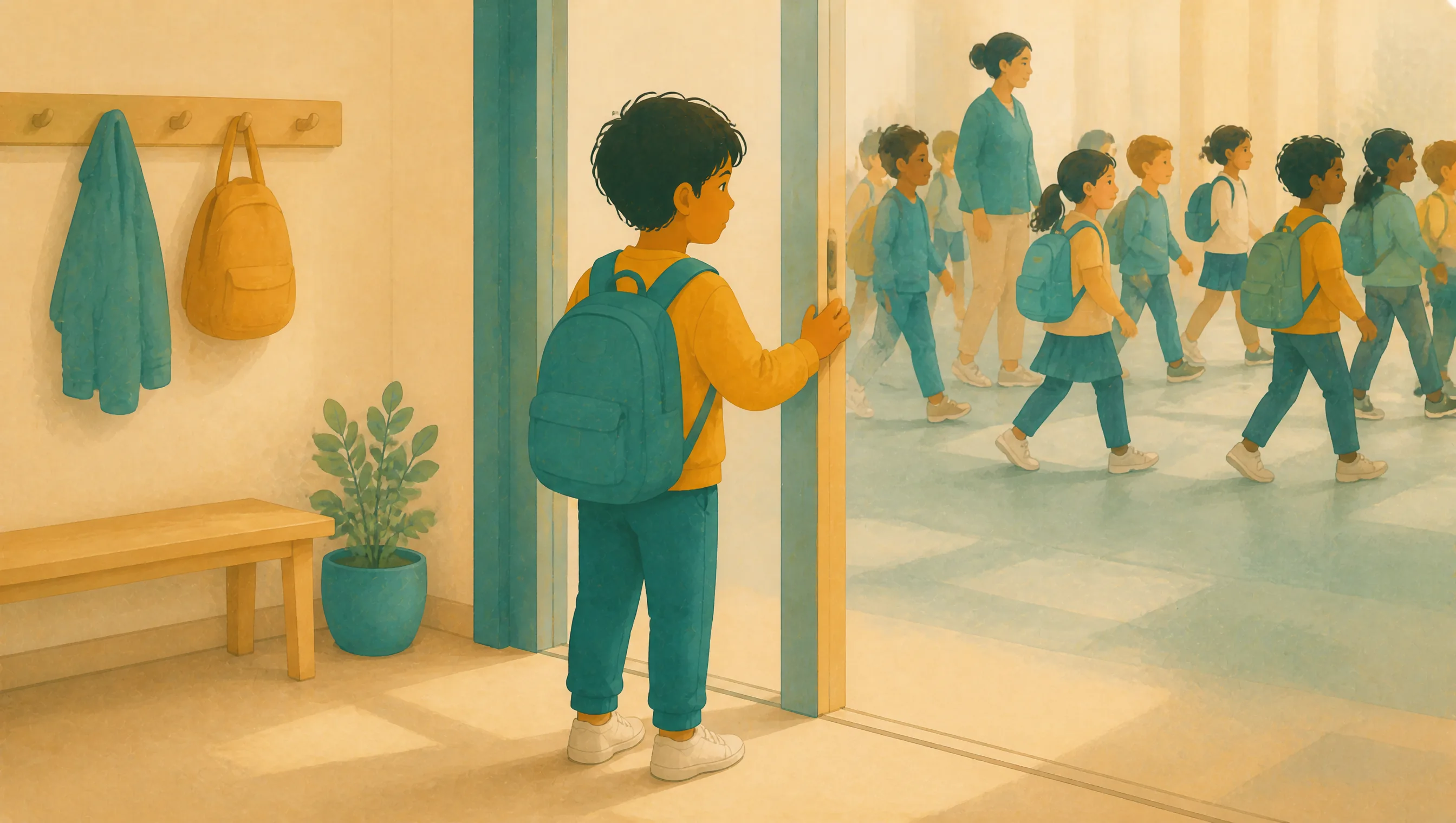 A boy with a blue backpack stands at an open doorway, hand on the door handle, watching a line of children and a teacher walk past in a corridor.