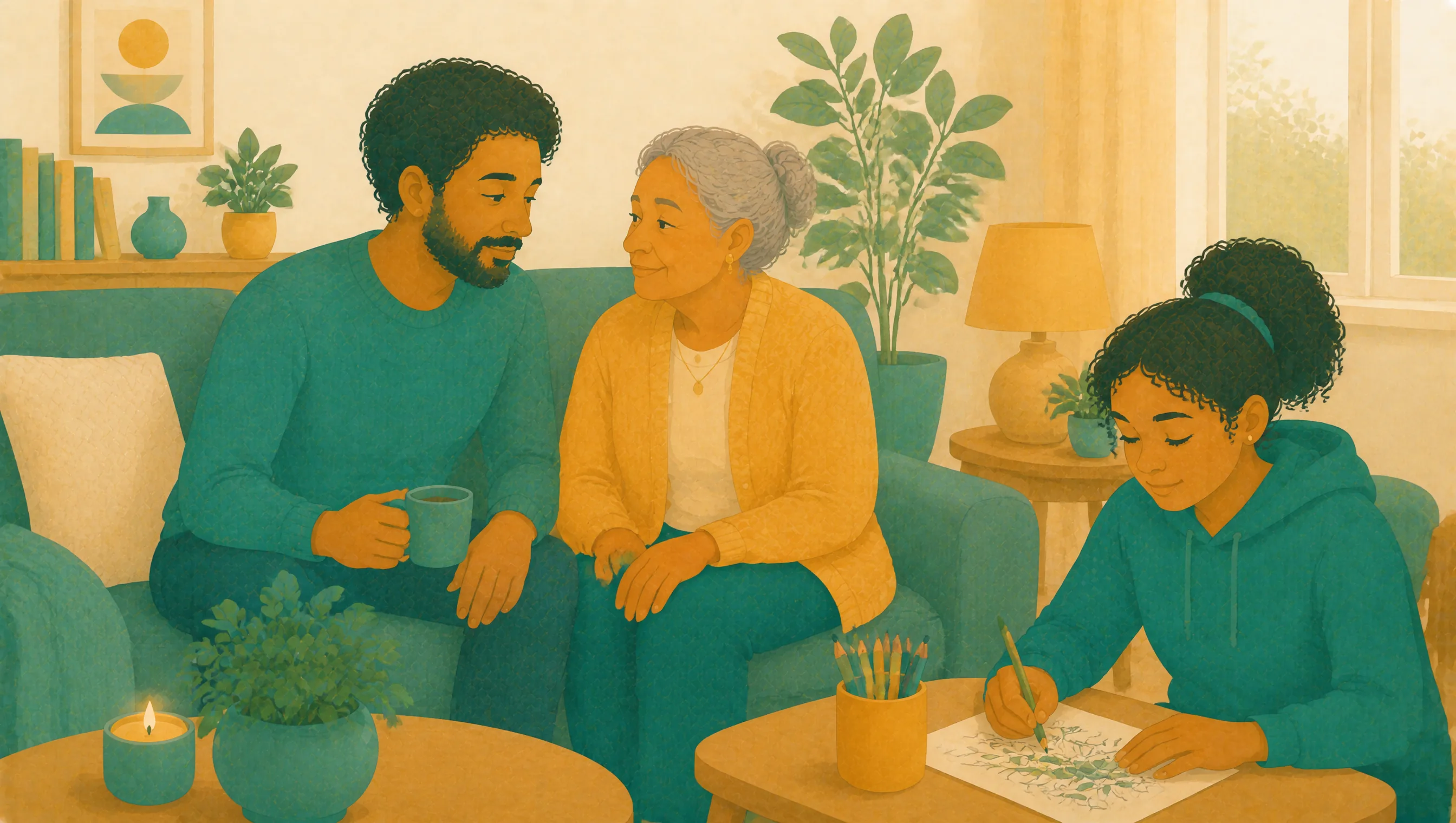 A man sits talking quietly with an older woman on a sofa, while a girl at a side table nearby is absorbed in her own drawing.