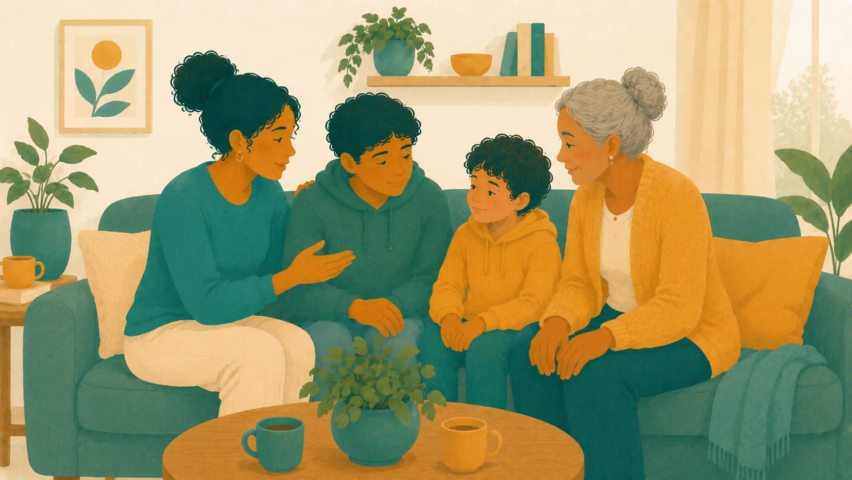 A parent, grandparent and two children sit together in conversation on a sofa.