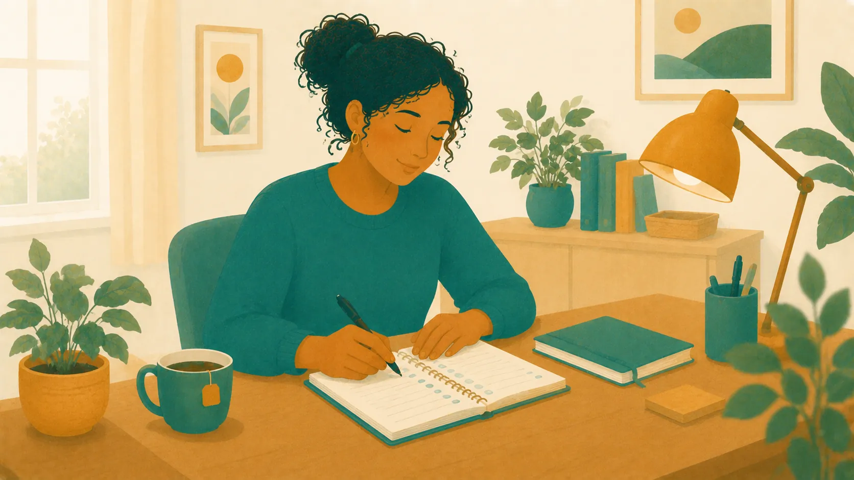A parent writes notes in an open notebook at a desk.