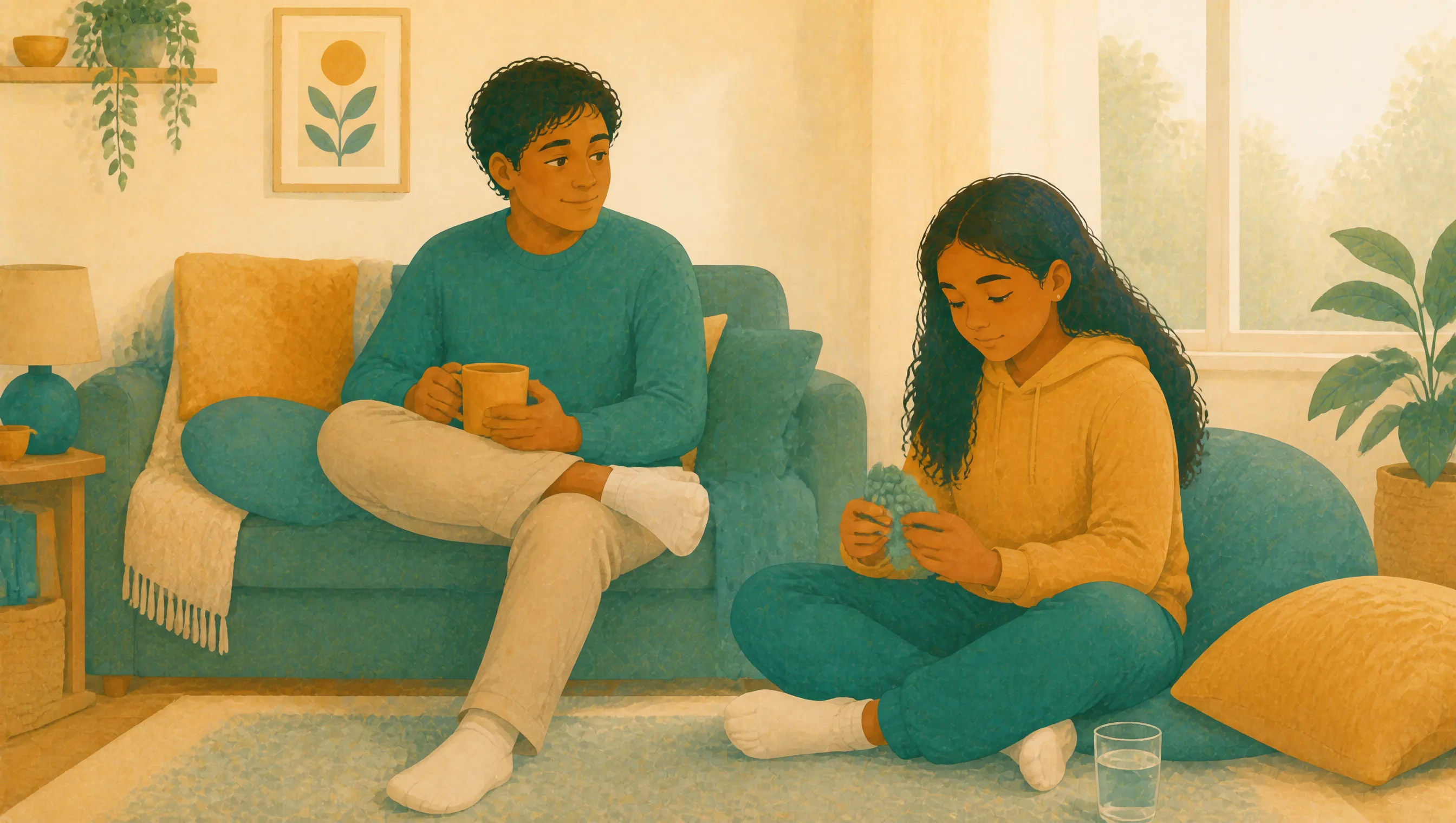 A girl sits cross-legged on the floor holding a soft blue textured object, while a man behind her on the sofa holds a mug and looks towards her.