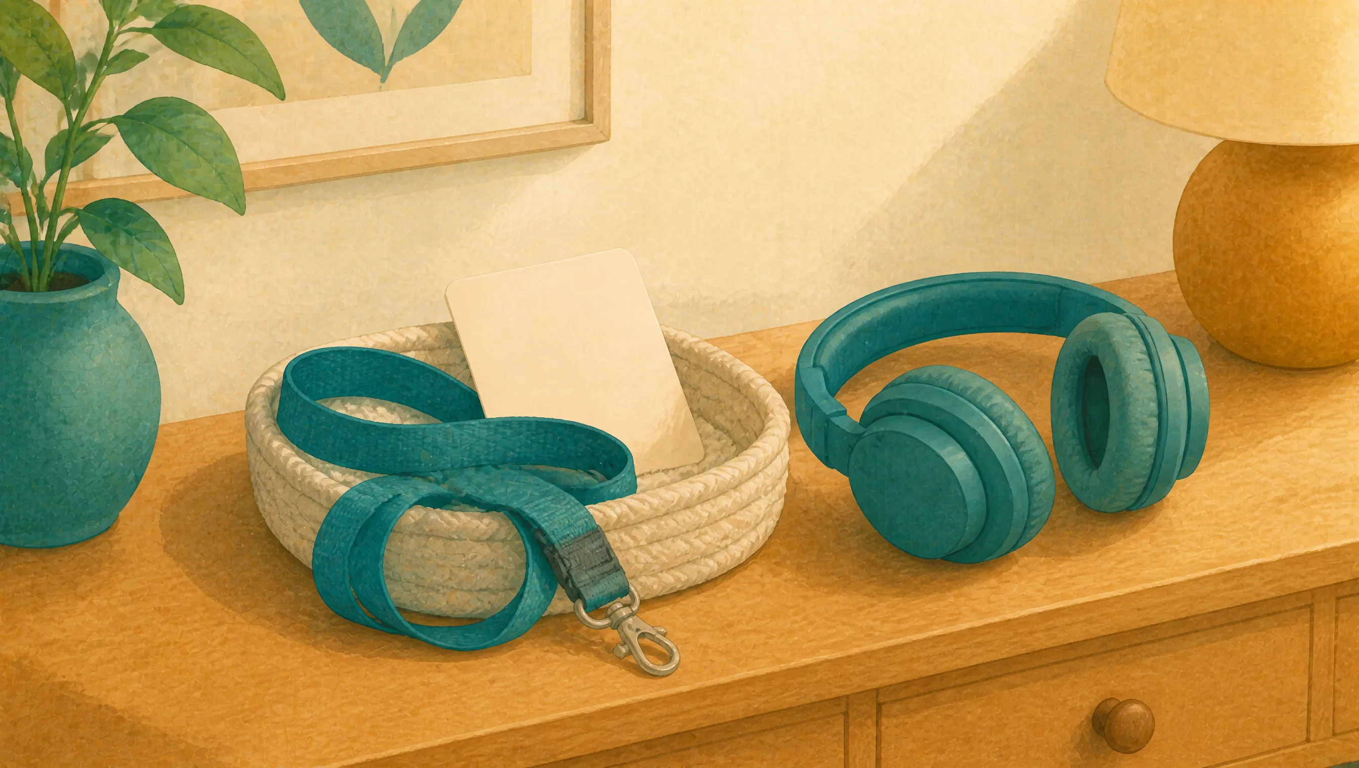 A teal lanyard and blank card resting in a woven basket beside teal headphones on a wooden sideboard, with a potted plant and framed print nearby.