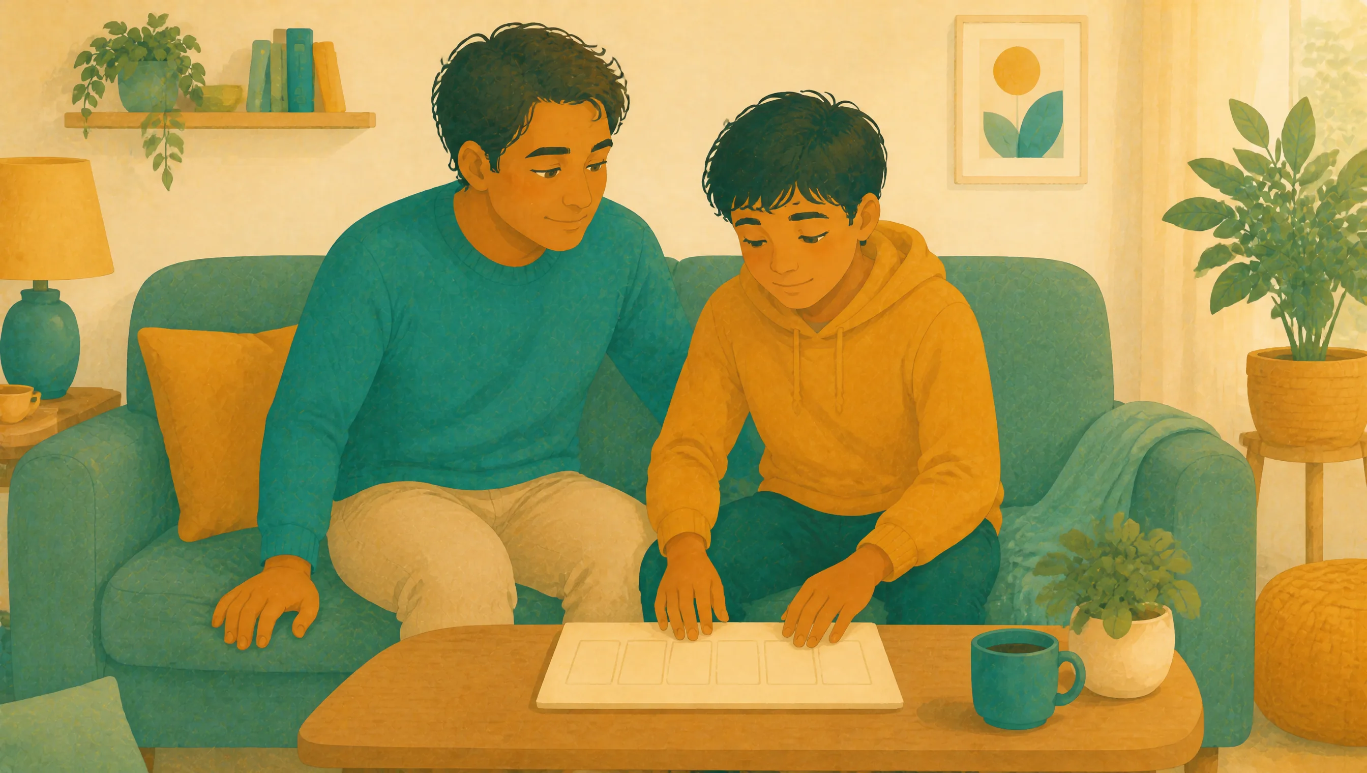 A man and a boy sit together on a sofa, both pointing at a row of blank cards laid out on a coffee table, with a mug alongside.