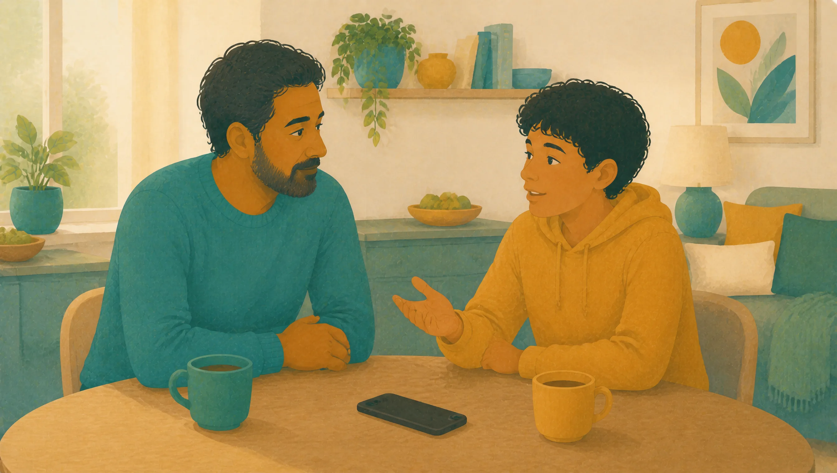 A bearded man and a curly-haired teenage boy sit at a round table talking, with mugs and a phone face down between them, in a plant-filled living room.