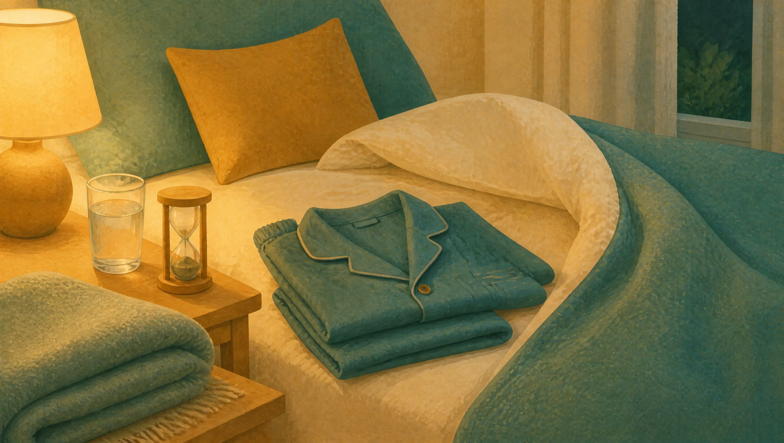 A bedside table with a lit lamp, a glass of water and a sand timer, next to a turned-down bed with folded pyjamas and a folded blanket laid ready for bedtime.
