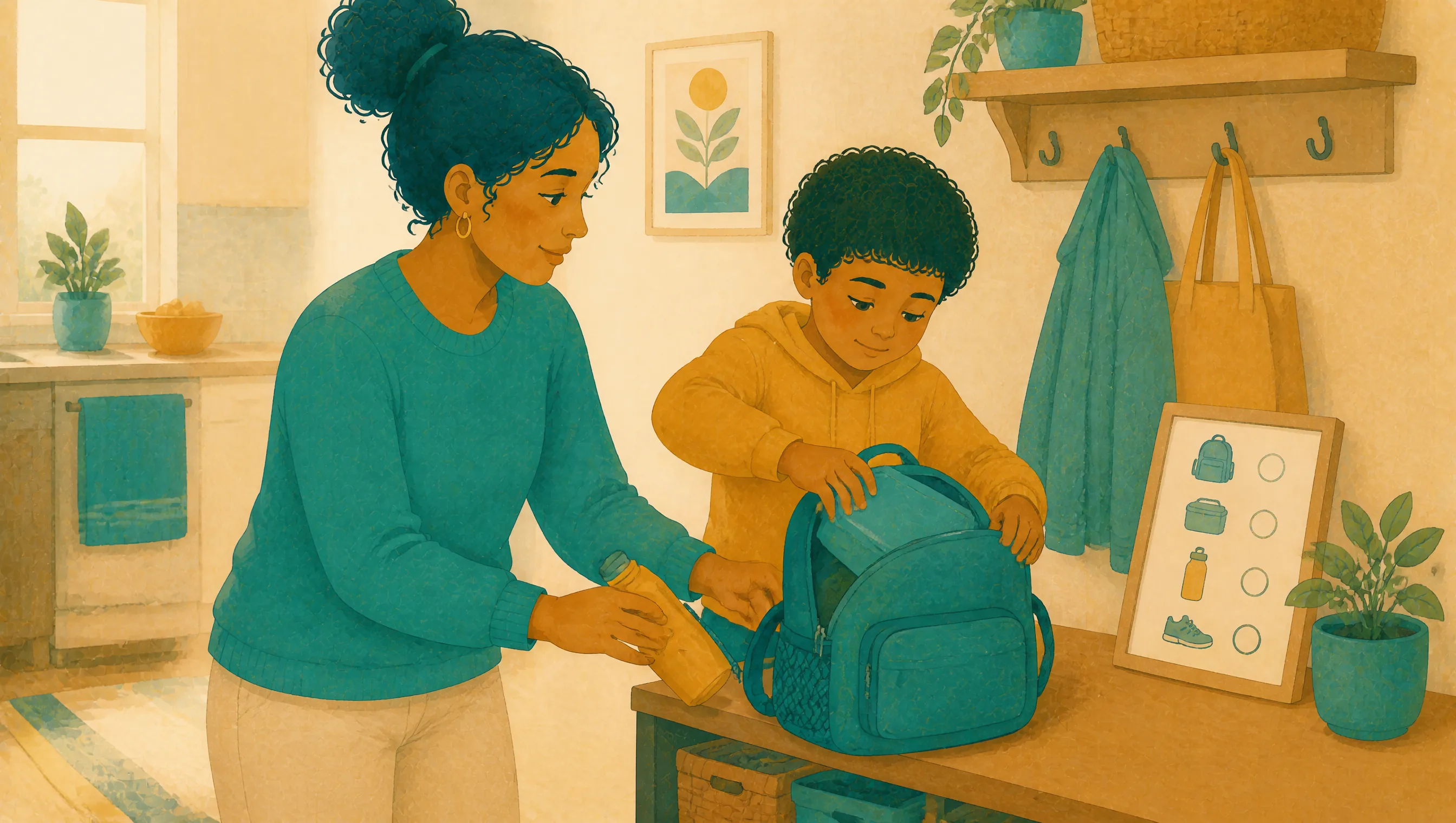 A woman and a young boy packing a teal backpack together at a kitchen table, holding a water bottle, with coat hooks and a picture card behind.