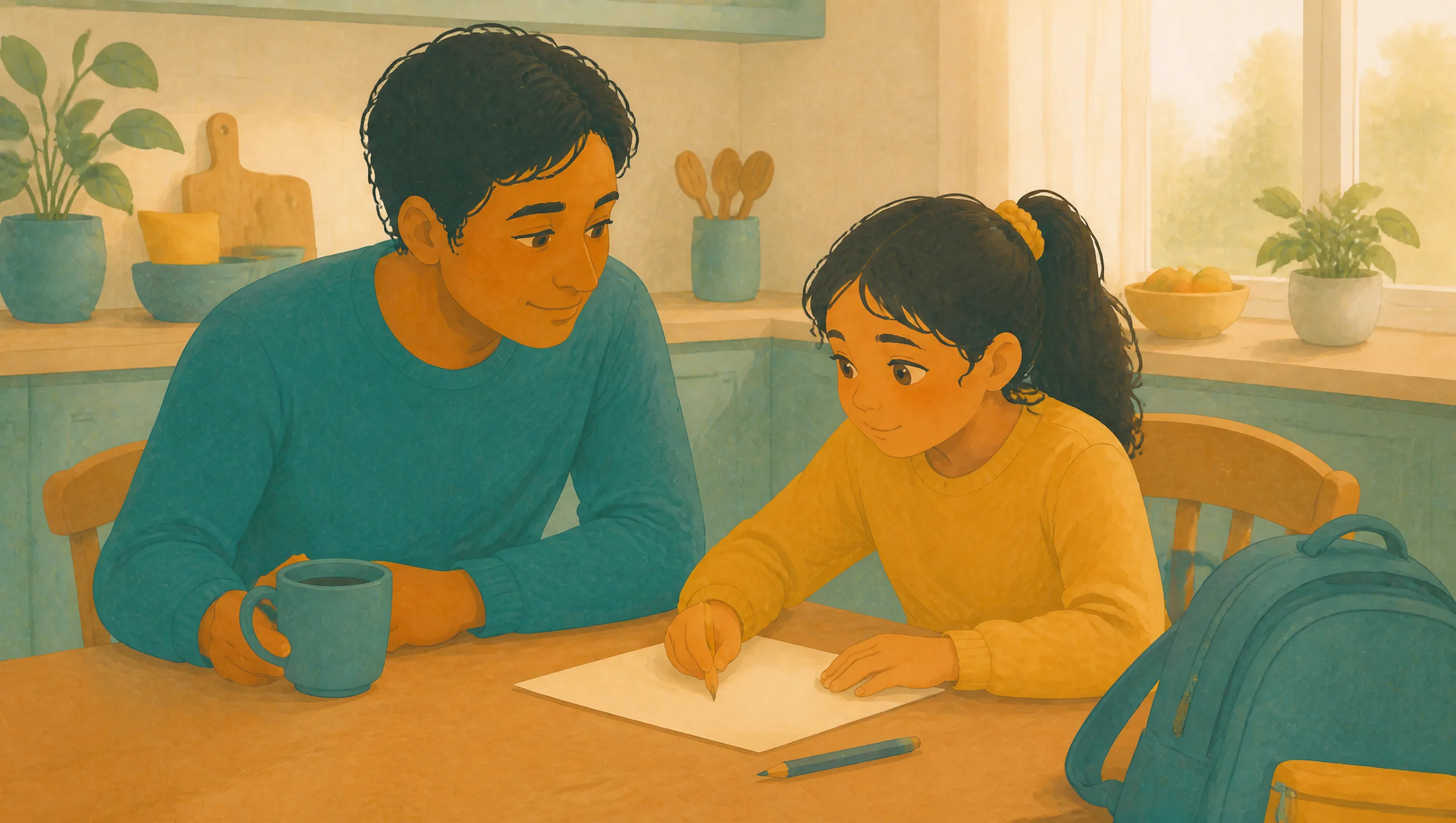 A man and a young girl at a kitchen table, the girl writing on paper with a pencil while the man watches, a mug and backpack nearby.