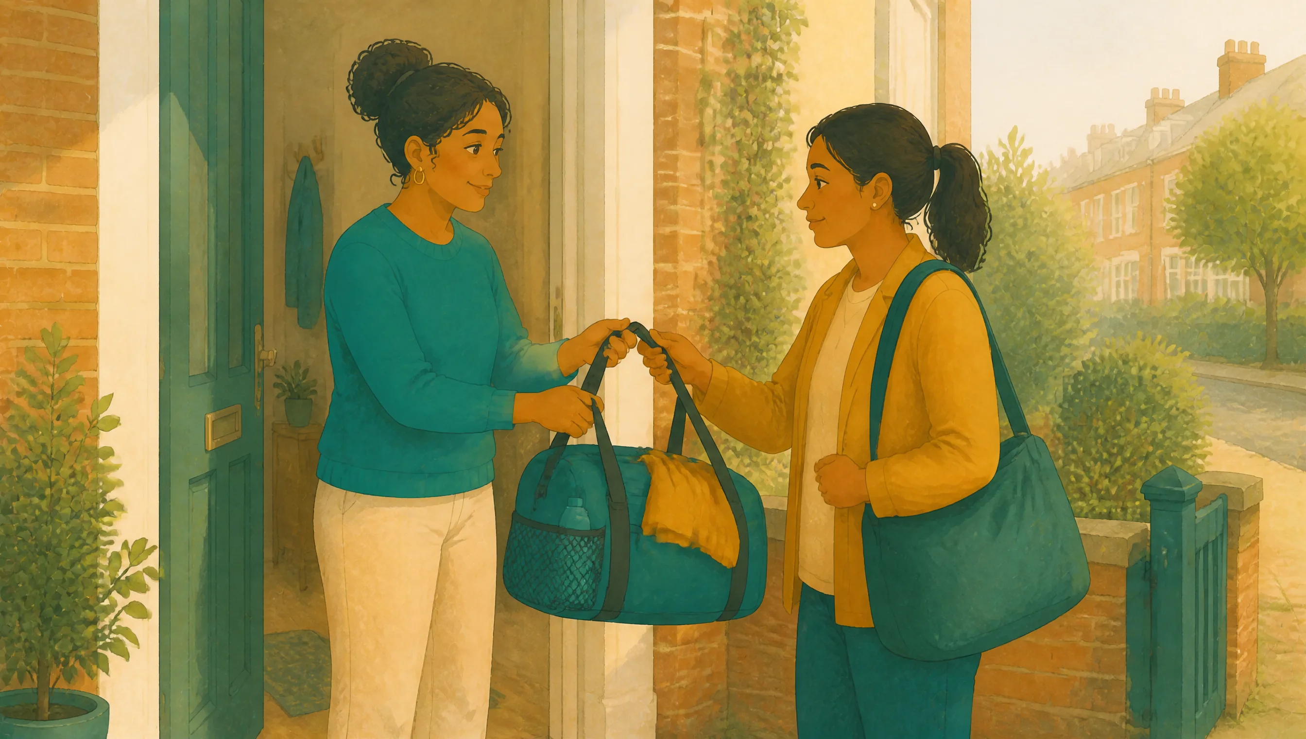 Two women stand at a front doorstep, each holding the handles of a teal holdall passed between them, with terraced houses behind.