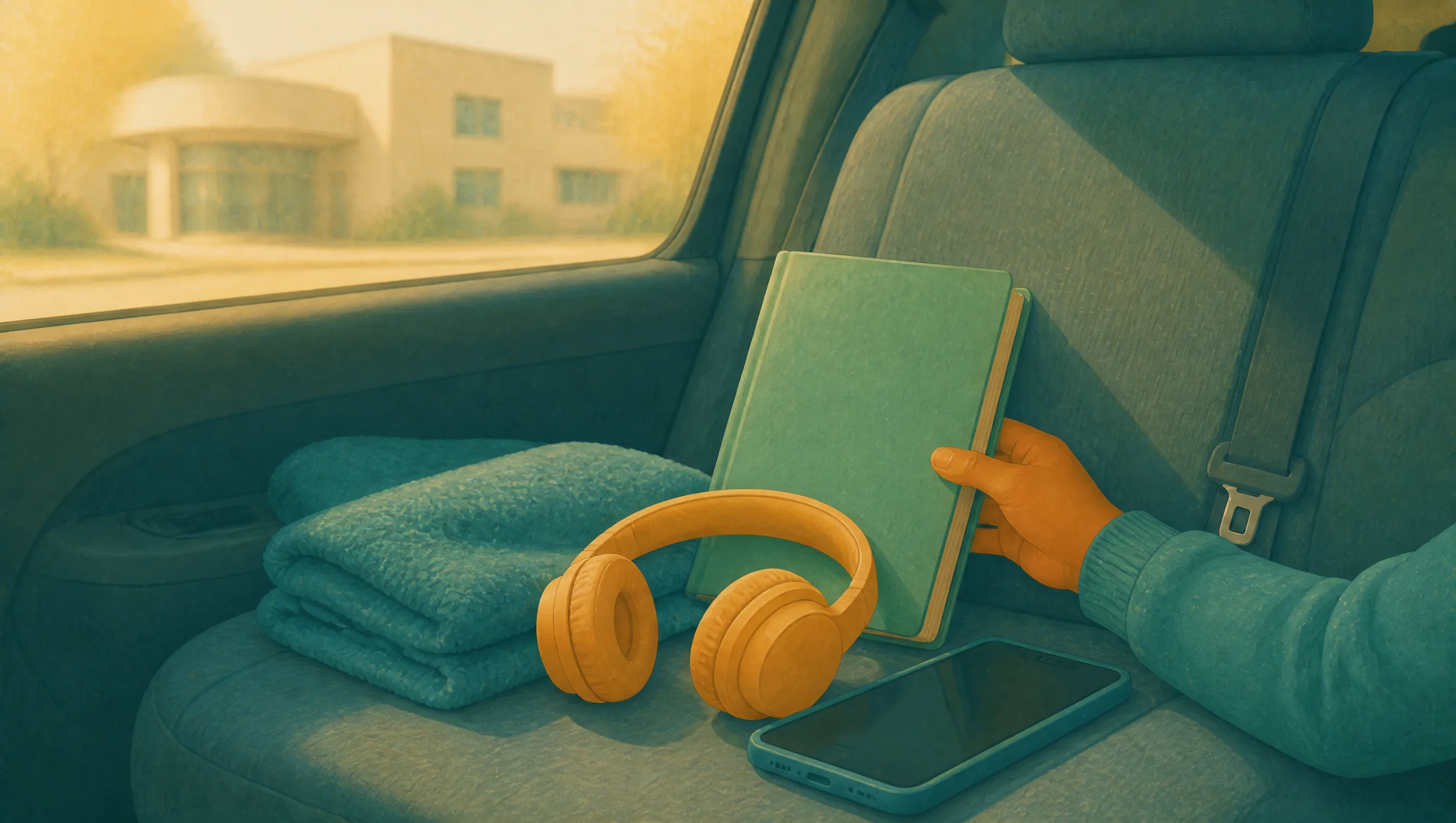 A folded blanket, headphones, a phone and a book on a car back seat, with an adult's hand reaching for the book as a building is visible through the window.