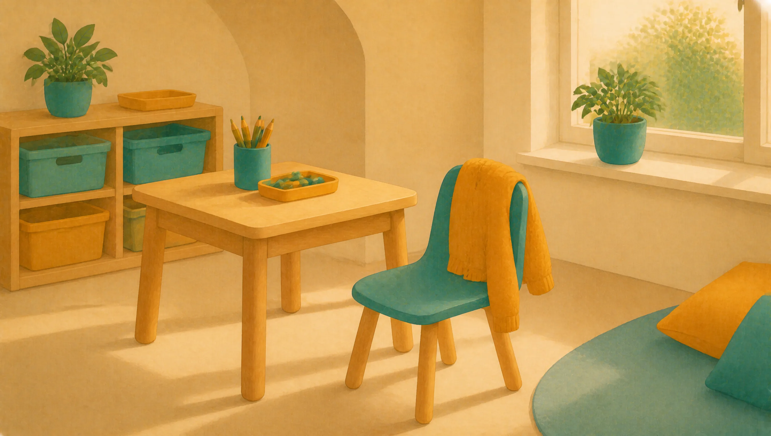 A child-sized table holds a pencil pot and a tray of counting blocks beside an empty chair with a cardigan over the back.