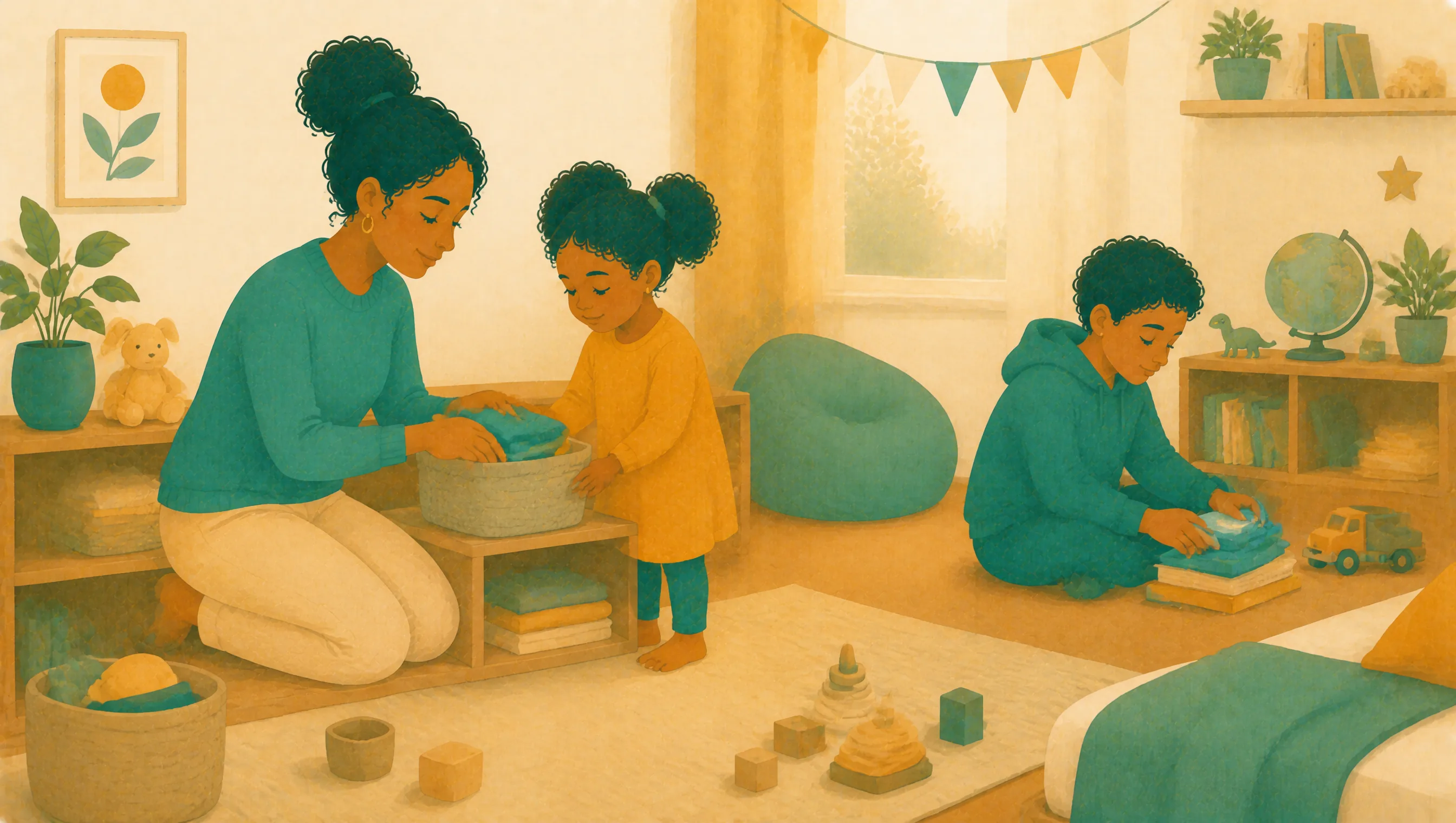 A mother and a young girl fold washing into a basket while a boy sorts his own things beside his shelf in the same room.