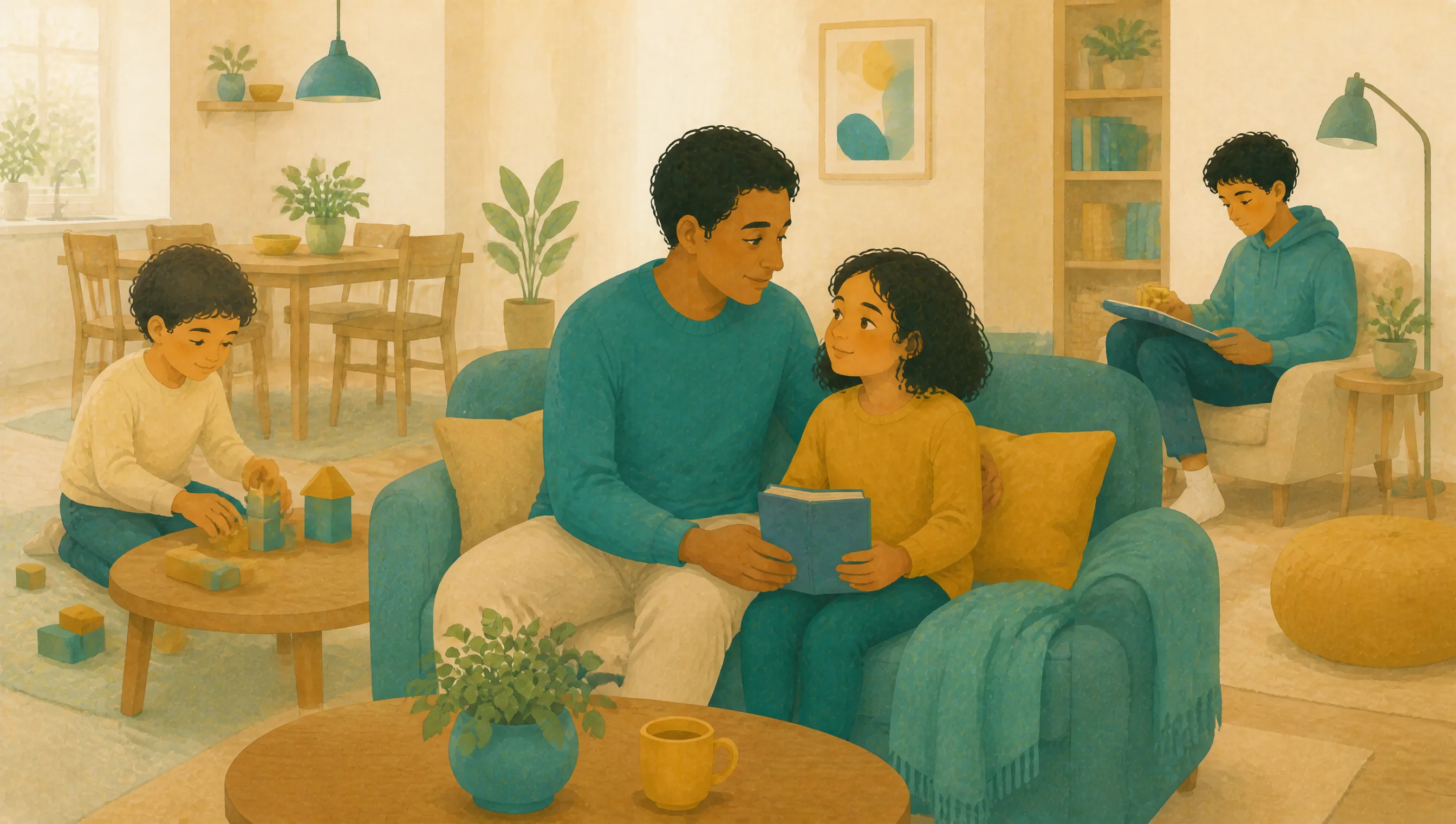 A man reads a book with a young girl on his lap, while a boy stacks wooden blocks at a low table and an older boy sits in an armchair.