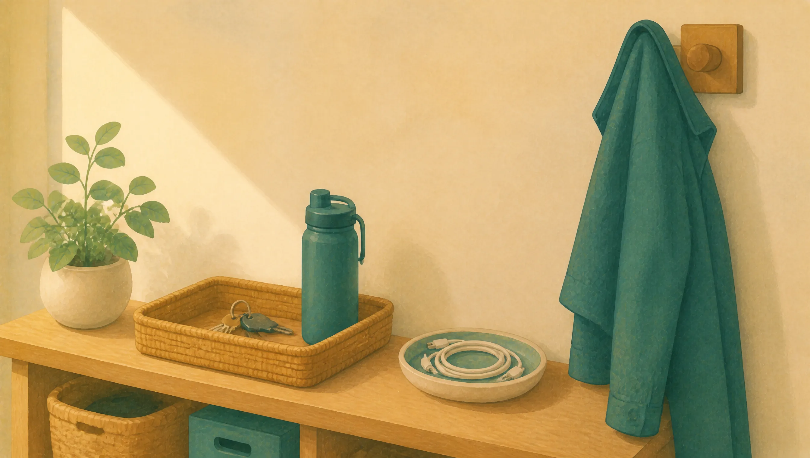 A wooden console table holds a plant, a basket with keys, a water bottle, and a bowl with a coiled charging cable, beneath a coat hanging from a wall hook.