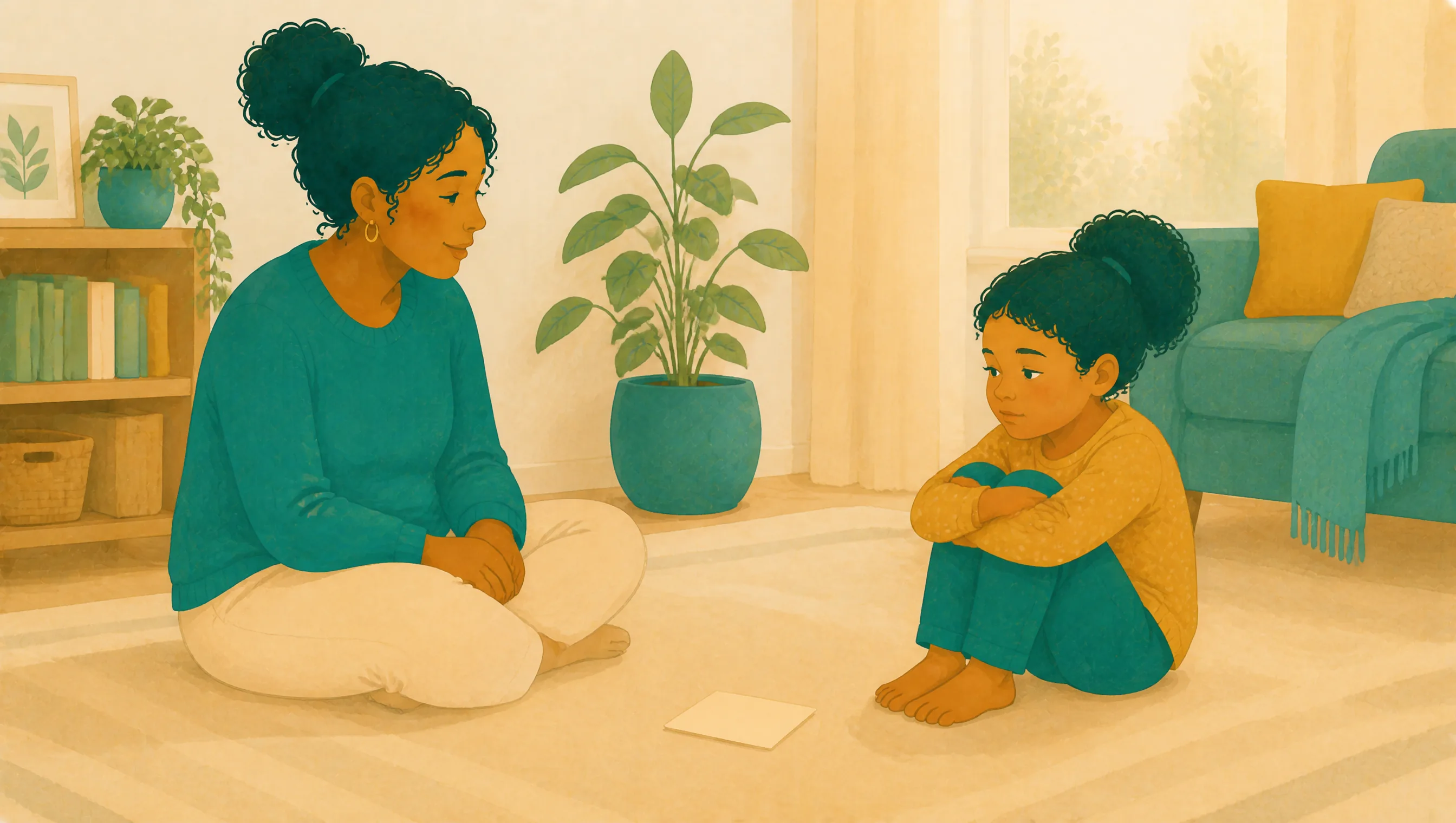 A mother sits on the floor a little distance from her daughter, who is hugging her knees, with a blank card left on the floor between them.