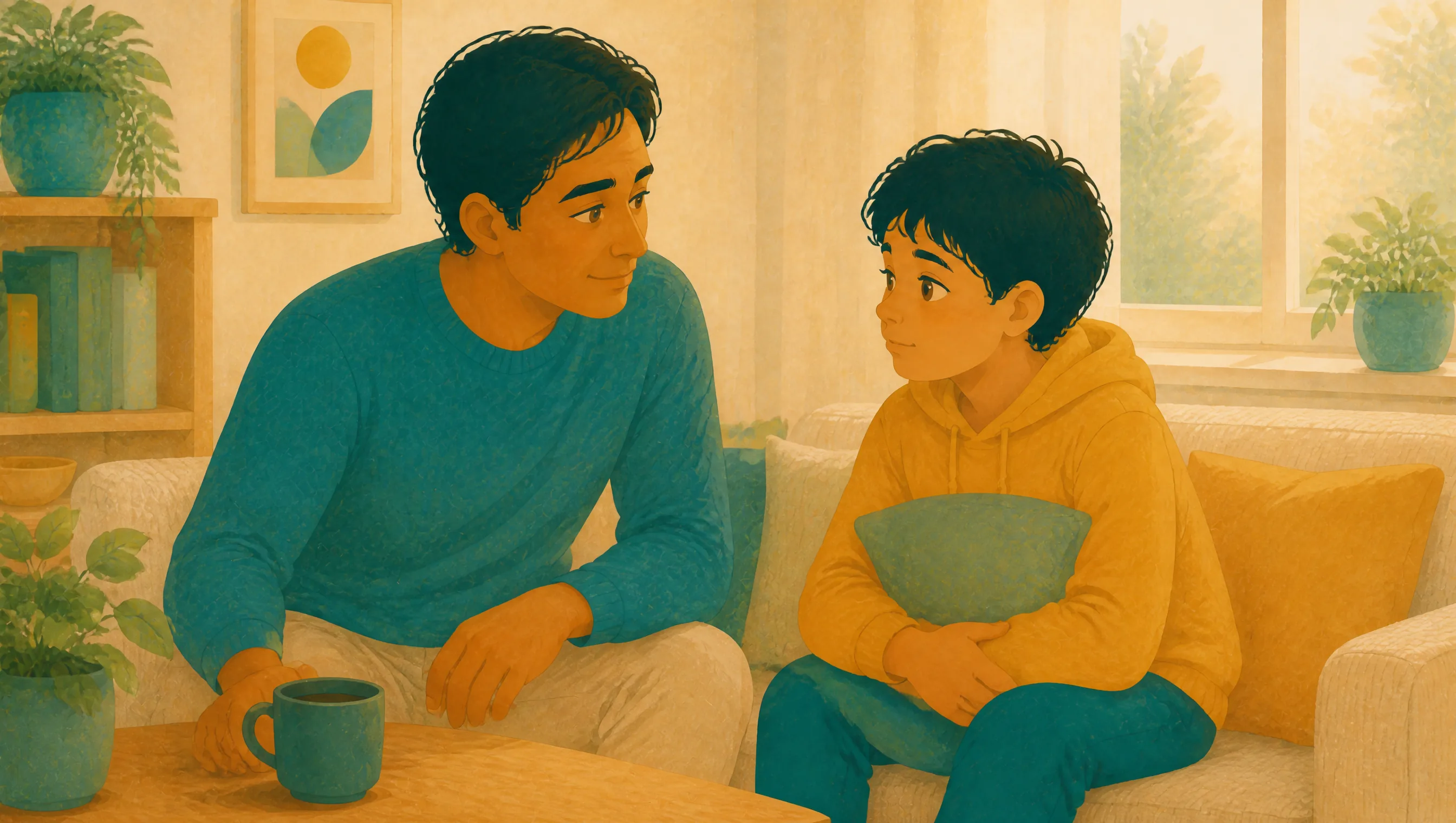 A father sits close to his young son on a sofa, the two of them turned towards each other in conversation while the boy holds a cushion in his lap.