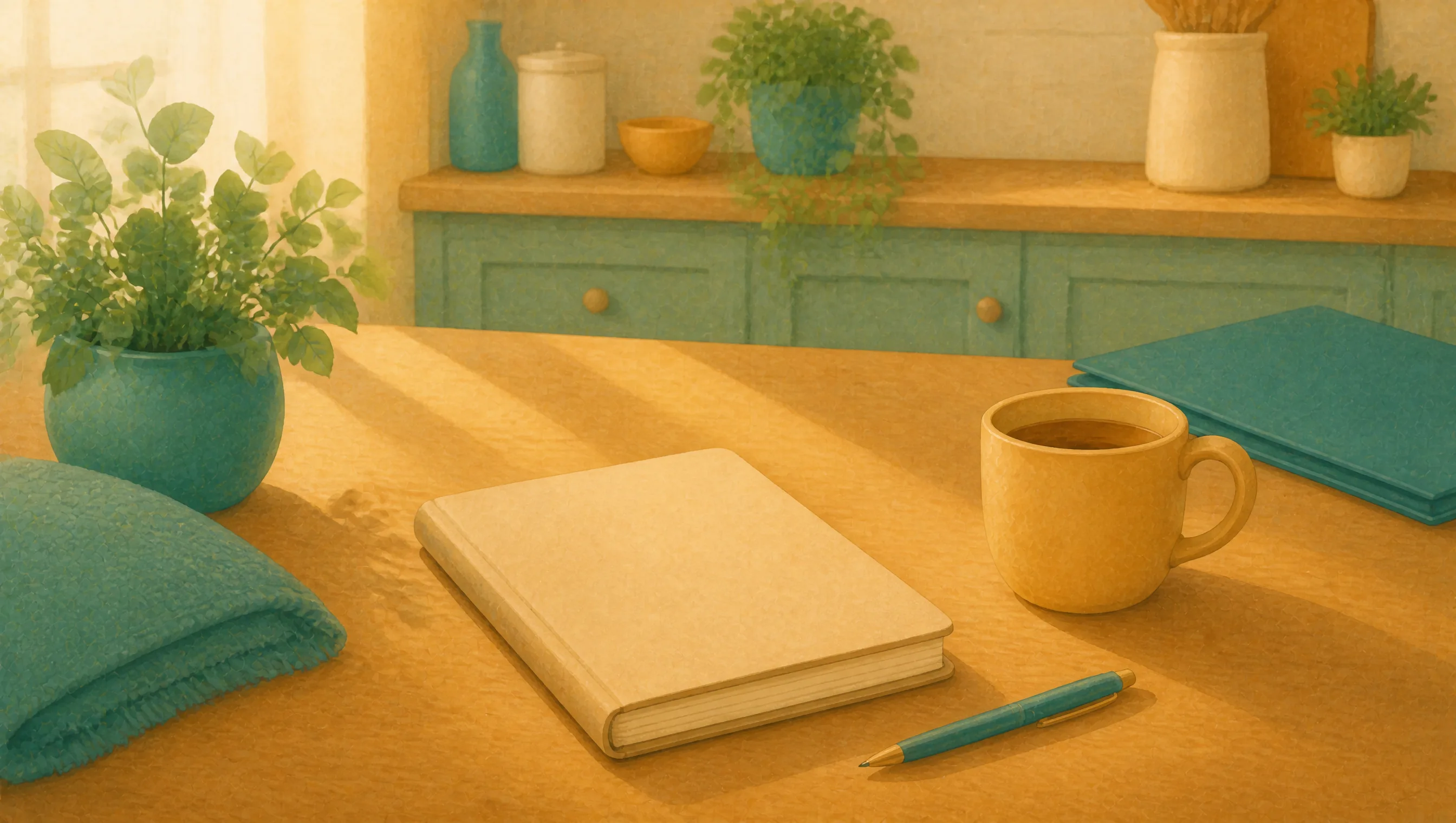 A closed notebook and pen rest on a wooden table beside a mug of tea, with a teal folder and potted plants in a sunlit kitchen.
