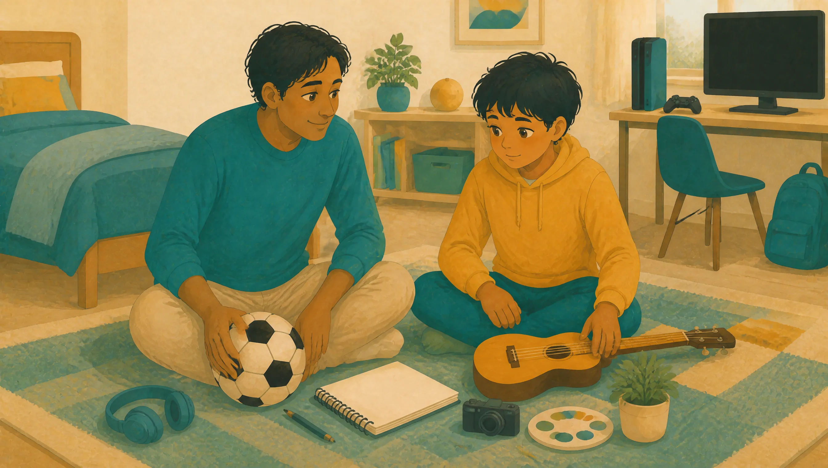A man and a boy sit cross-legged on a bedroom rug, holding a football and a ukulele, surrounded by headphones, a camera, a paint palette and a notebook.