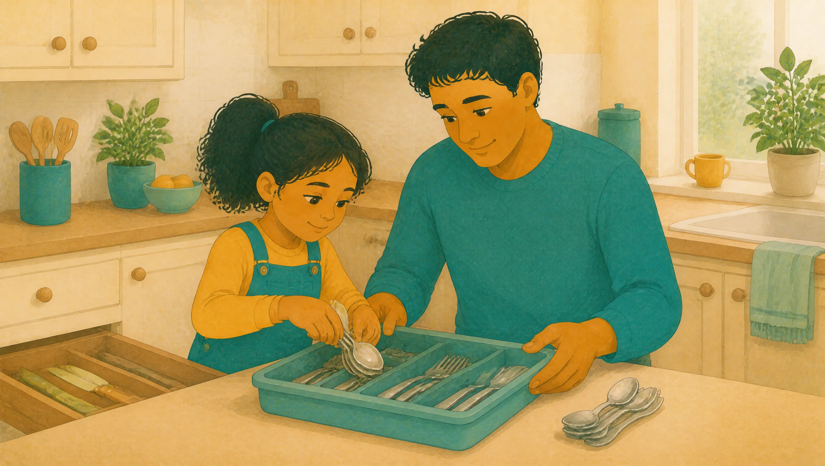 A man and a young girl sorting cutlery into a tray at a kitchen counter, a drawer open below, plants and a fruit bowl on the counter behind.