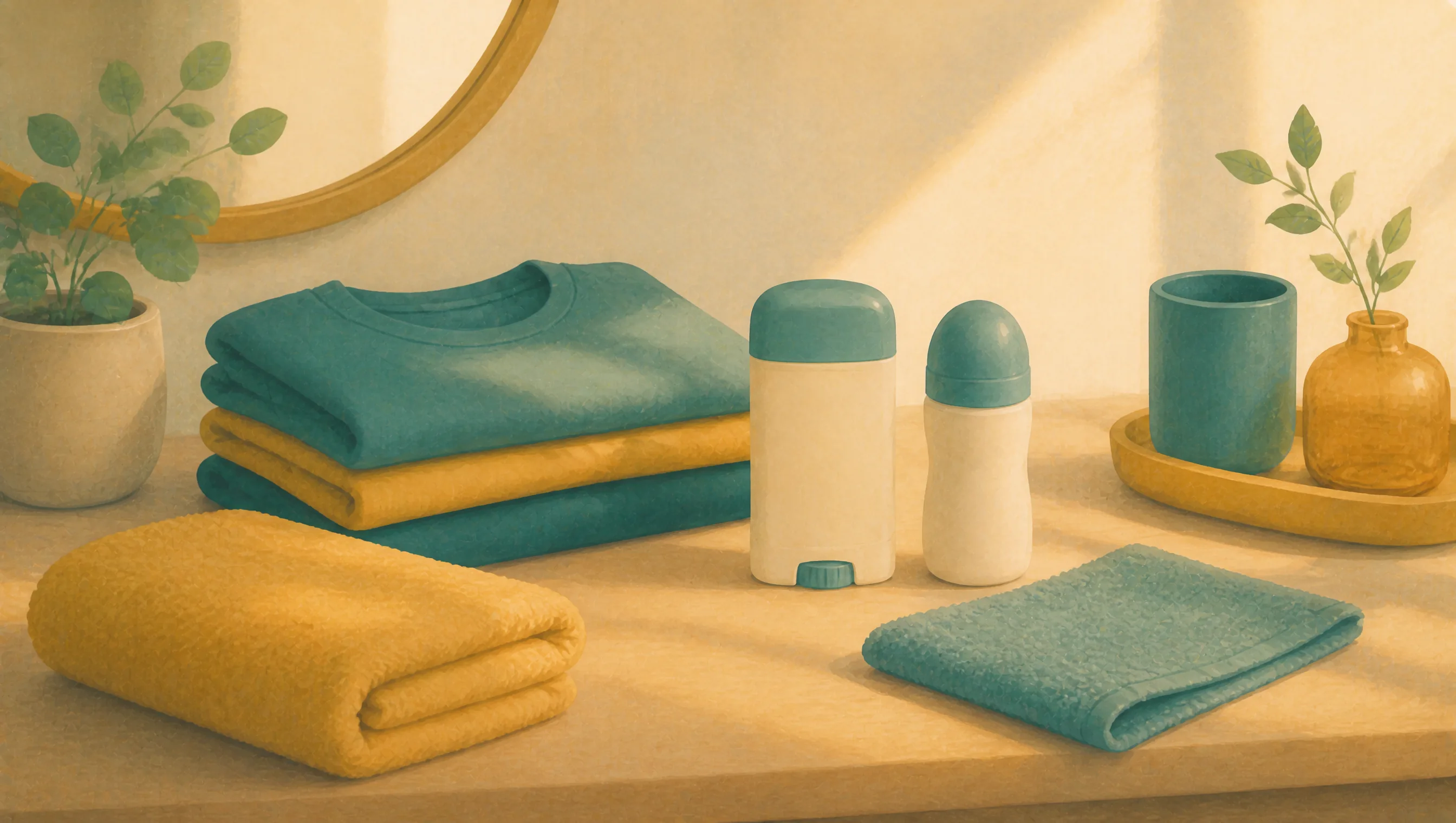 Folded teal jumper and mustard towels on a wooden counter beside a stick and roll-on deodorant, a round mirror, potted plants and a teal mug.