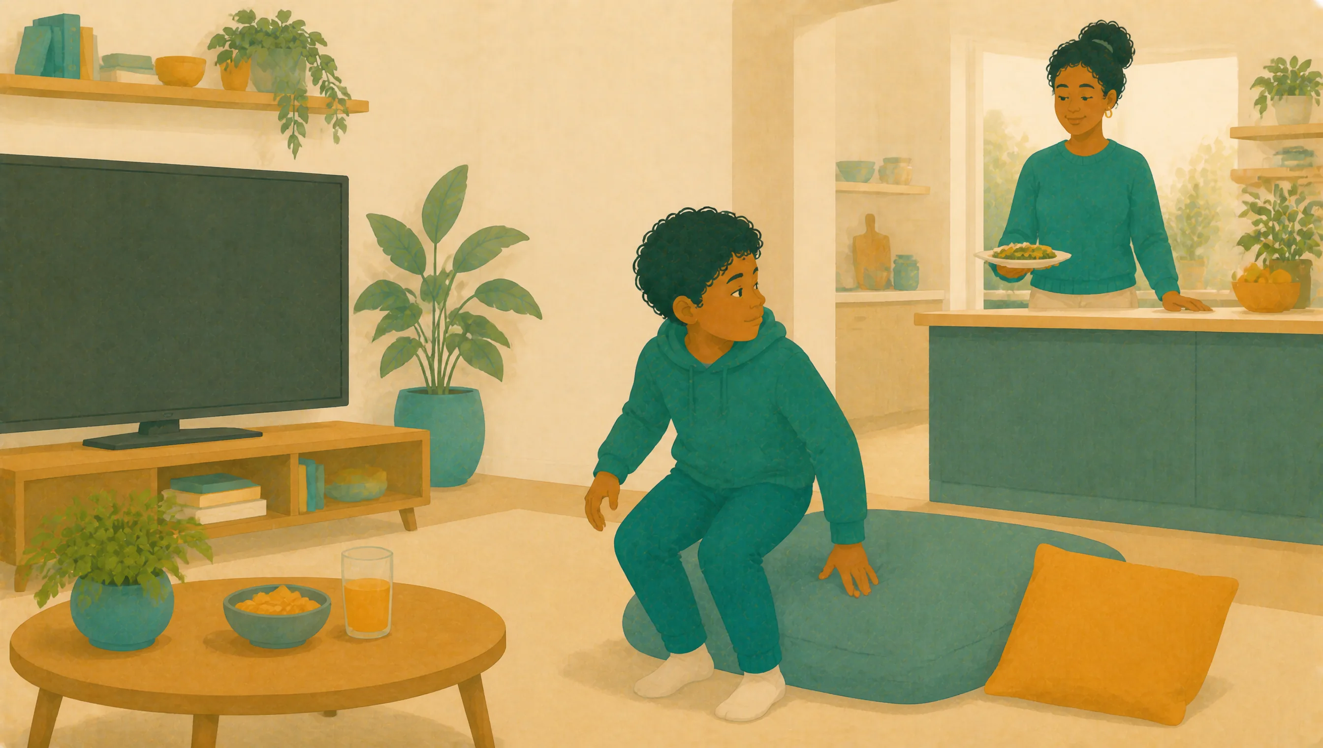 A boy gets up from a floor cushion with the television switched off, while his mother brings a plate of food through from the kitchen.
