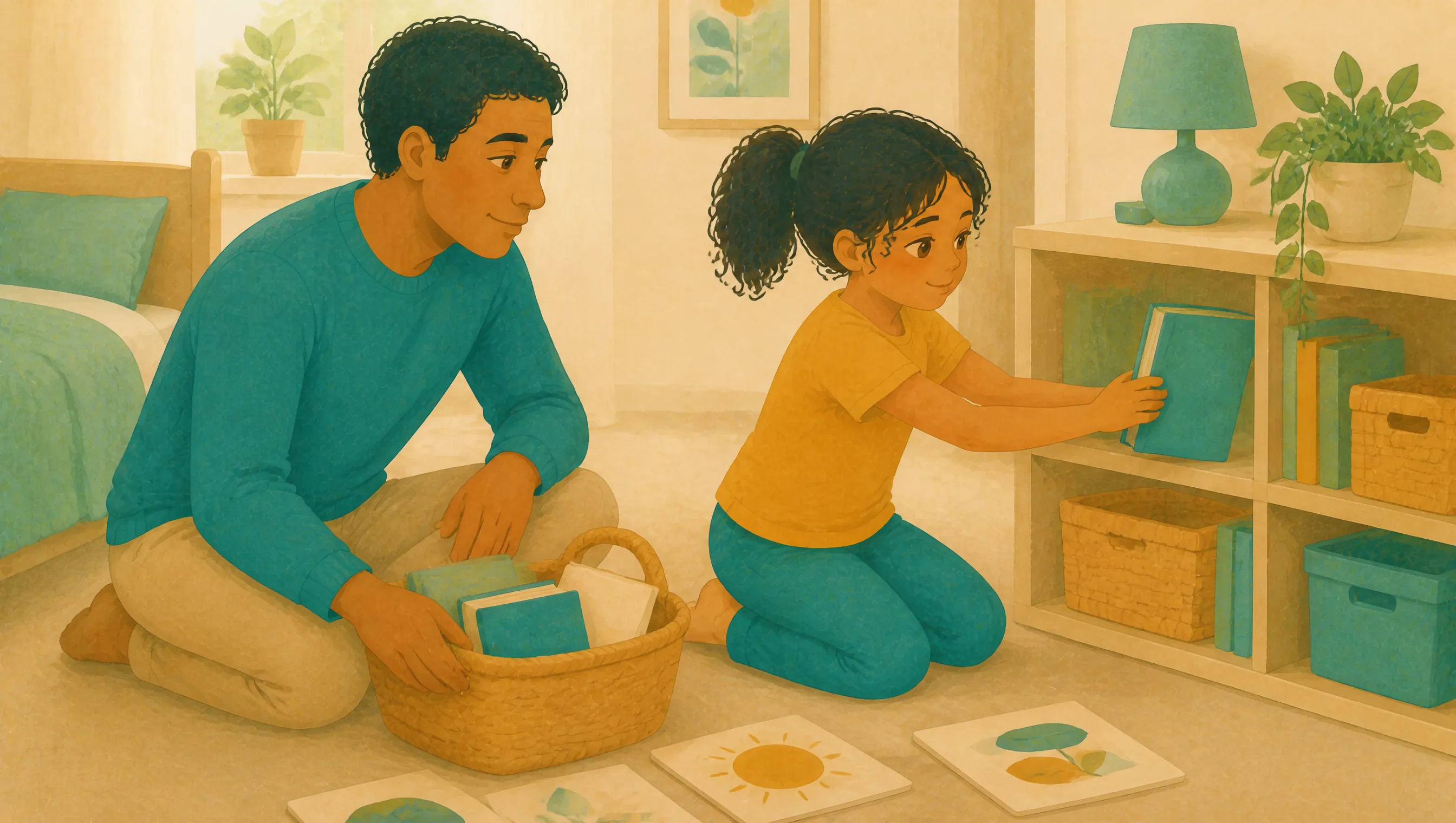 A man kneels beside a wicker basket of books while a girl places a book on a low shelf, with illustrated picture cards laid out on the floor nearby.