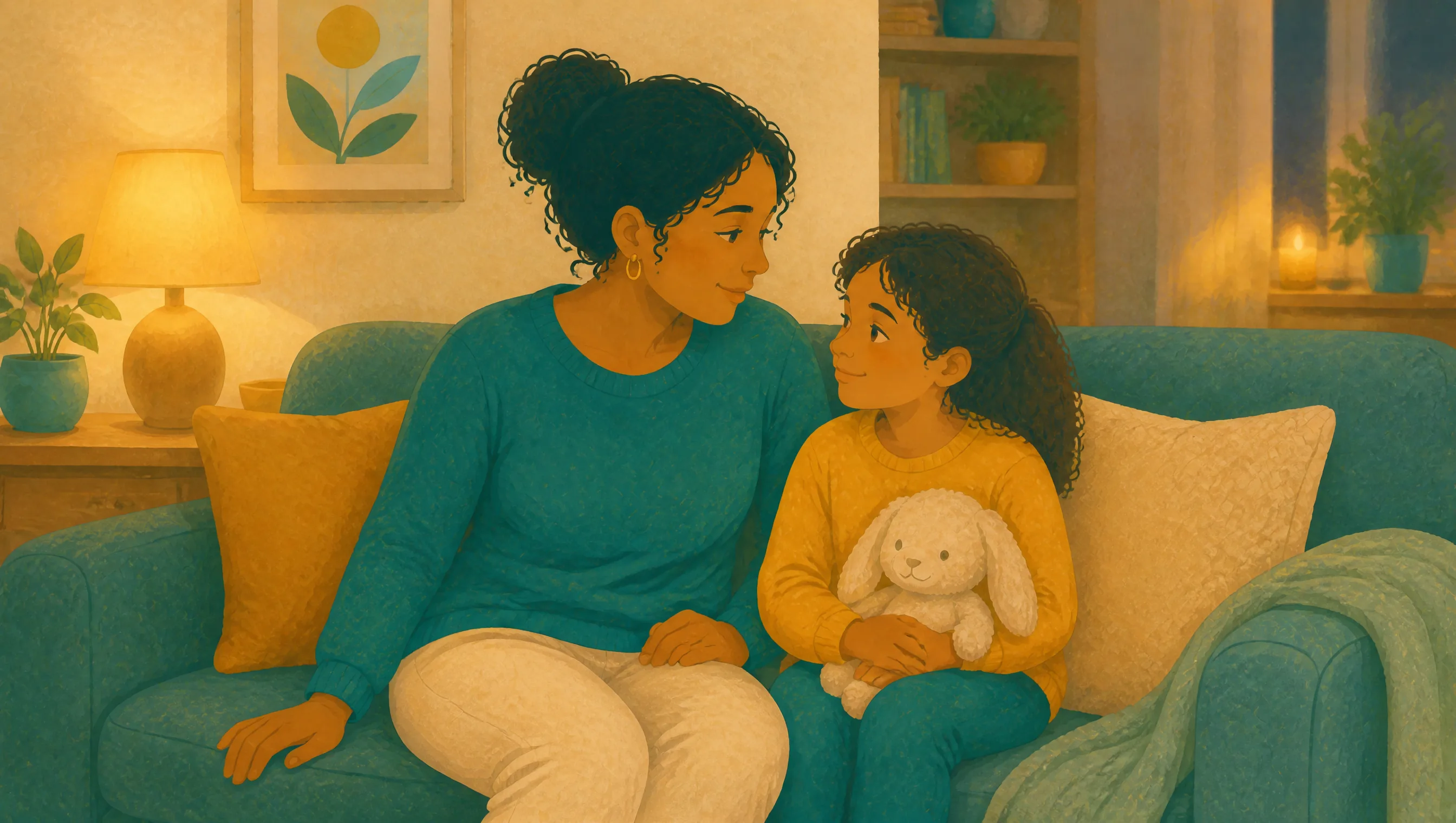 A mother and her young daughter sit together on a sofa in a softly lit living room in the evening, the girl holding a soft toy rabbit as they look at each other.