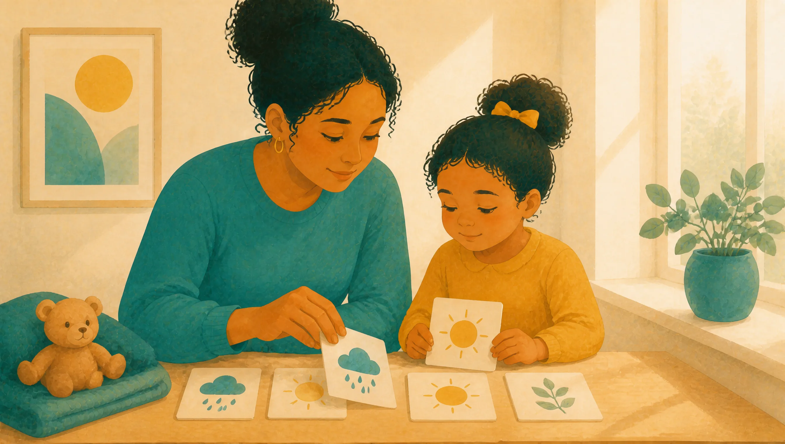 A woman and a young girl at a table sorting picture cards showing a cloud, sun and leaf, with a teddy bear on a folded blanket beside them.