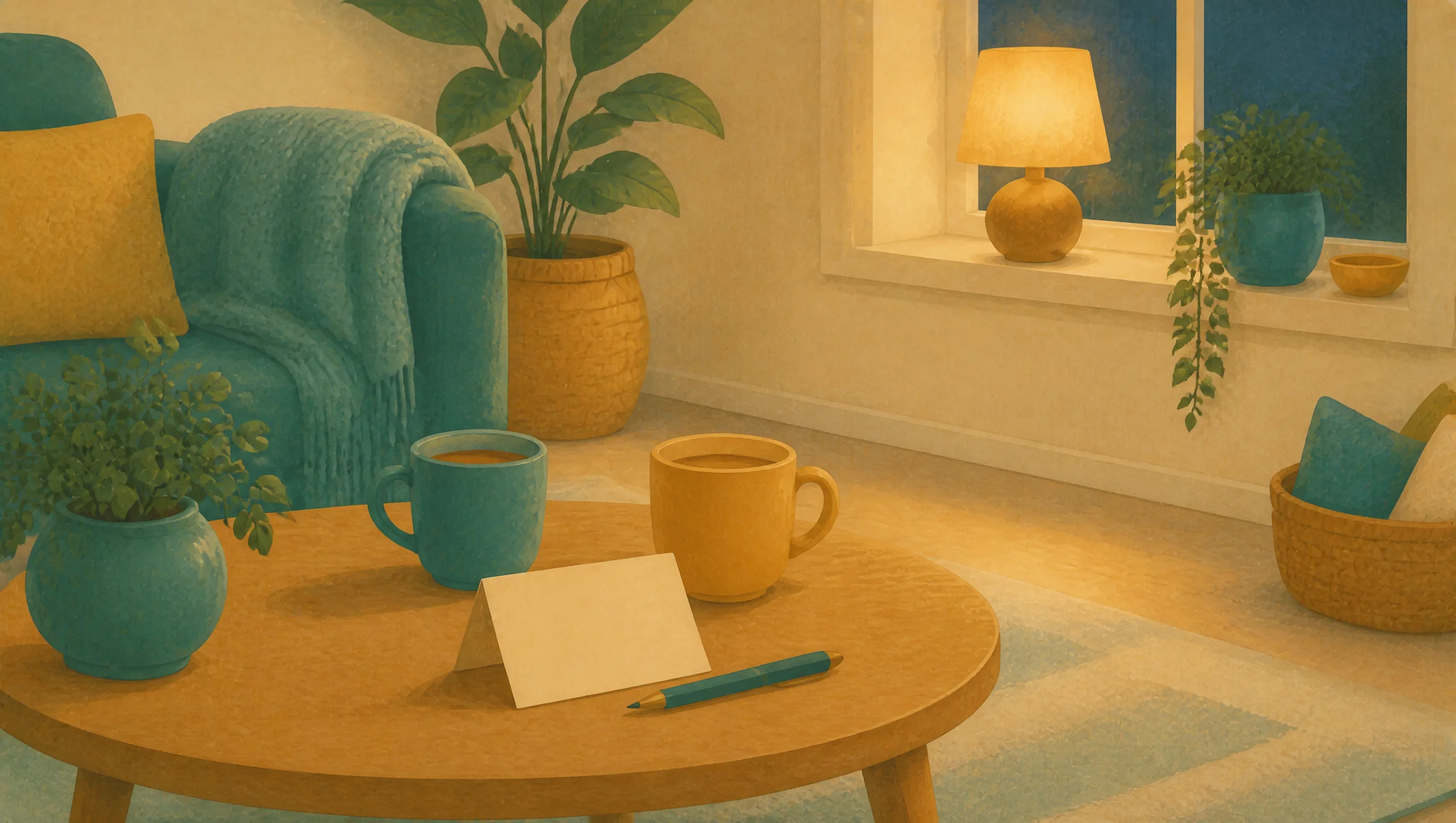 A lamplit living room with a teal armchair, two mugs and a blank folded card on a low table, a pencil resting beside it, plants at the window.