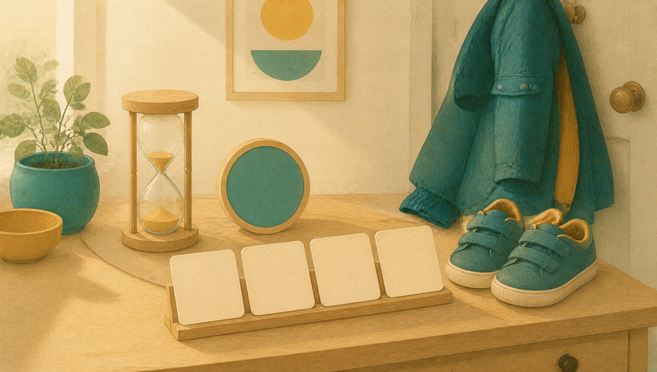 Wooden hourglass beside a row of blank cards on a stand, with a coat and shoes by the door and a plant on the windowsill.