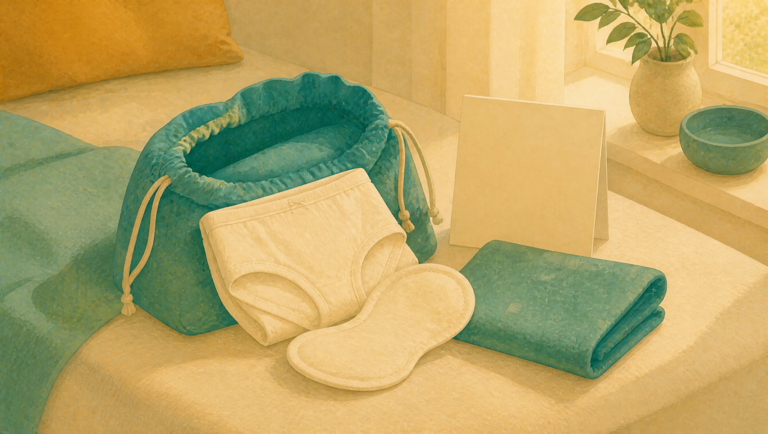 A teal drawstring pouch, folded cream pants, a soft fabric pad and a folded blanket arranged on a bed beside a blank card and a small plant.