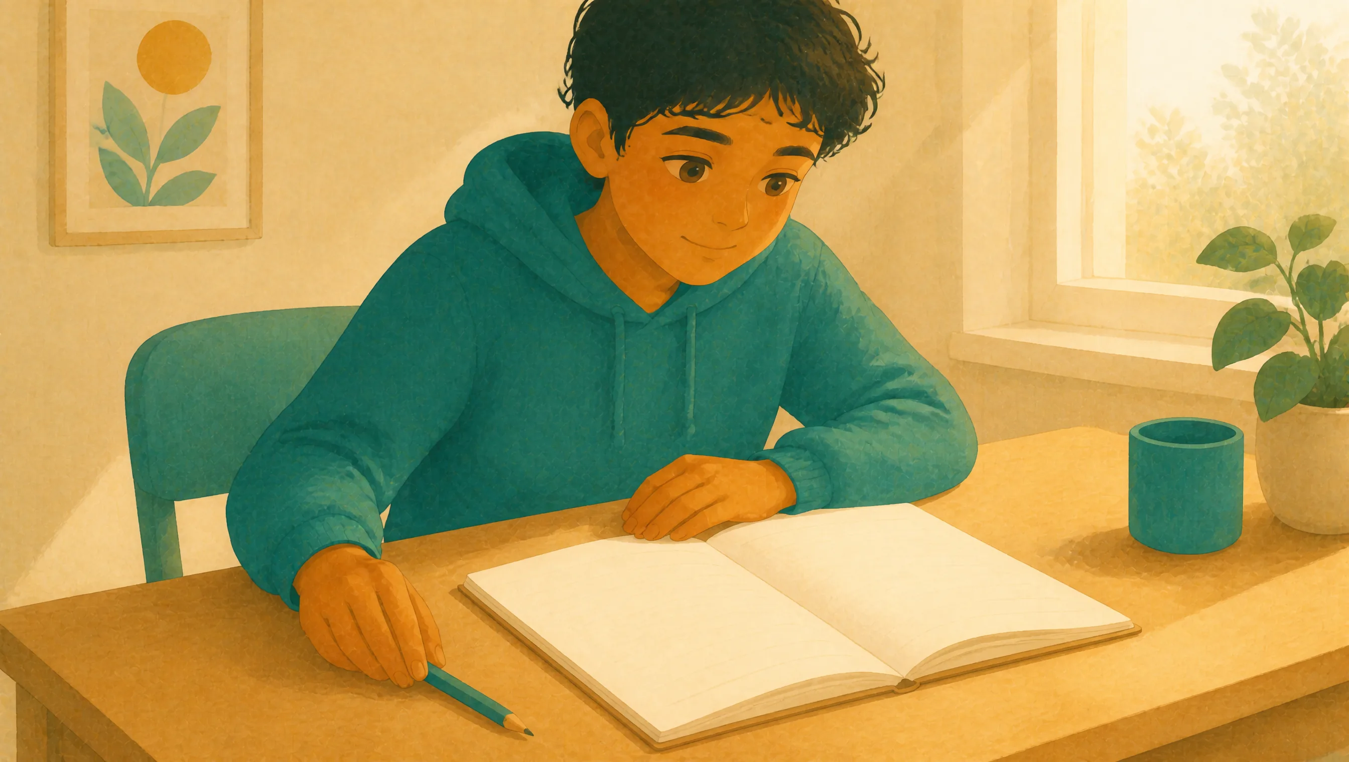 A boy sits at a wooden desk, one hand resting on an open, blank notebook and the other holding a pencil poised beside it, a mug and pot plant nearby.