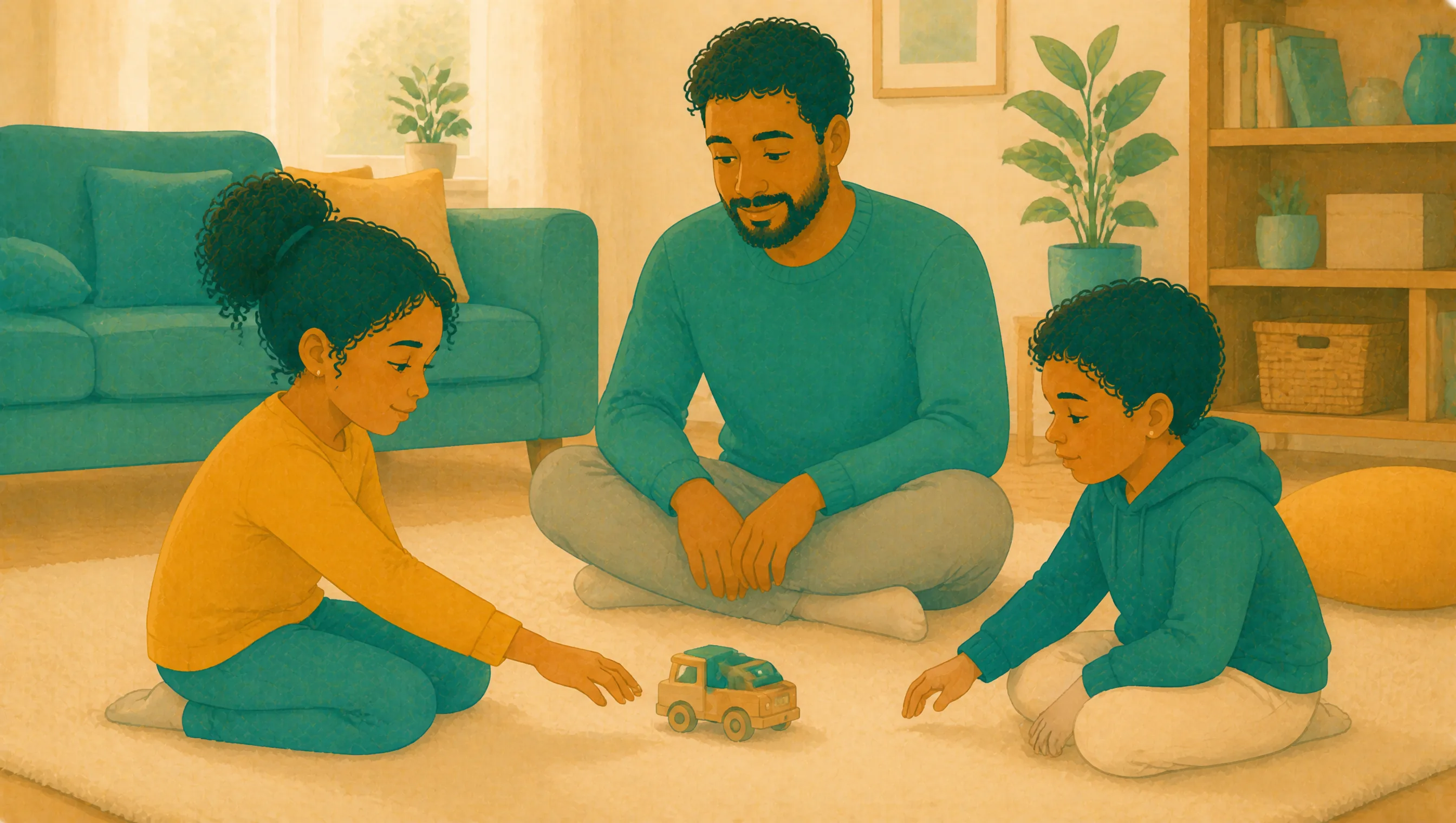 A father sits cross-legged on a rug between his two children as they both reach towards a toy truck between them.