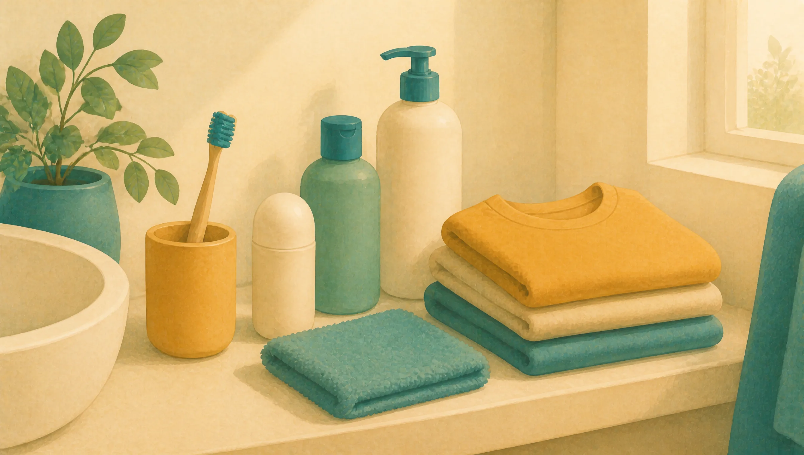 A toothbrush standing in a cup beside a deodorant stick, two bottles and folded towels, arranged on a bathroom shelf near a potted plant and window.