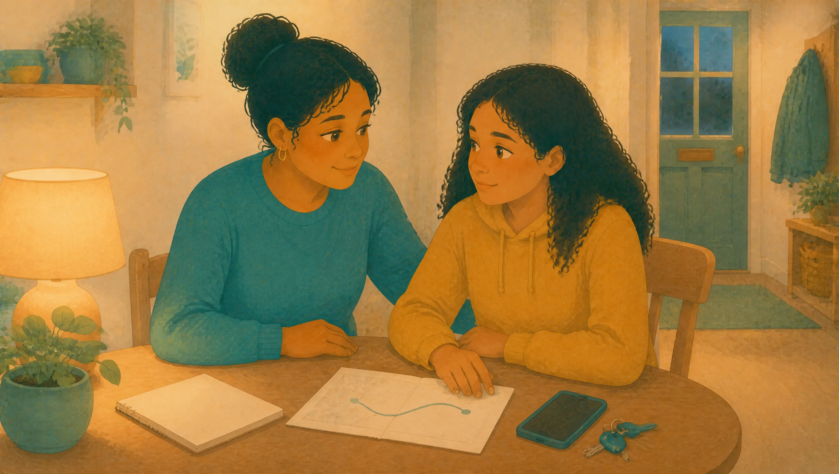 A woman and a teenage girl sitting at a table in lamplight, looking at each other beside a paper marked with a curved line, a phone and keys nearby.