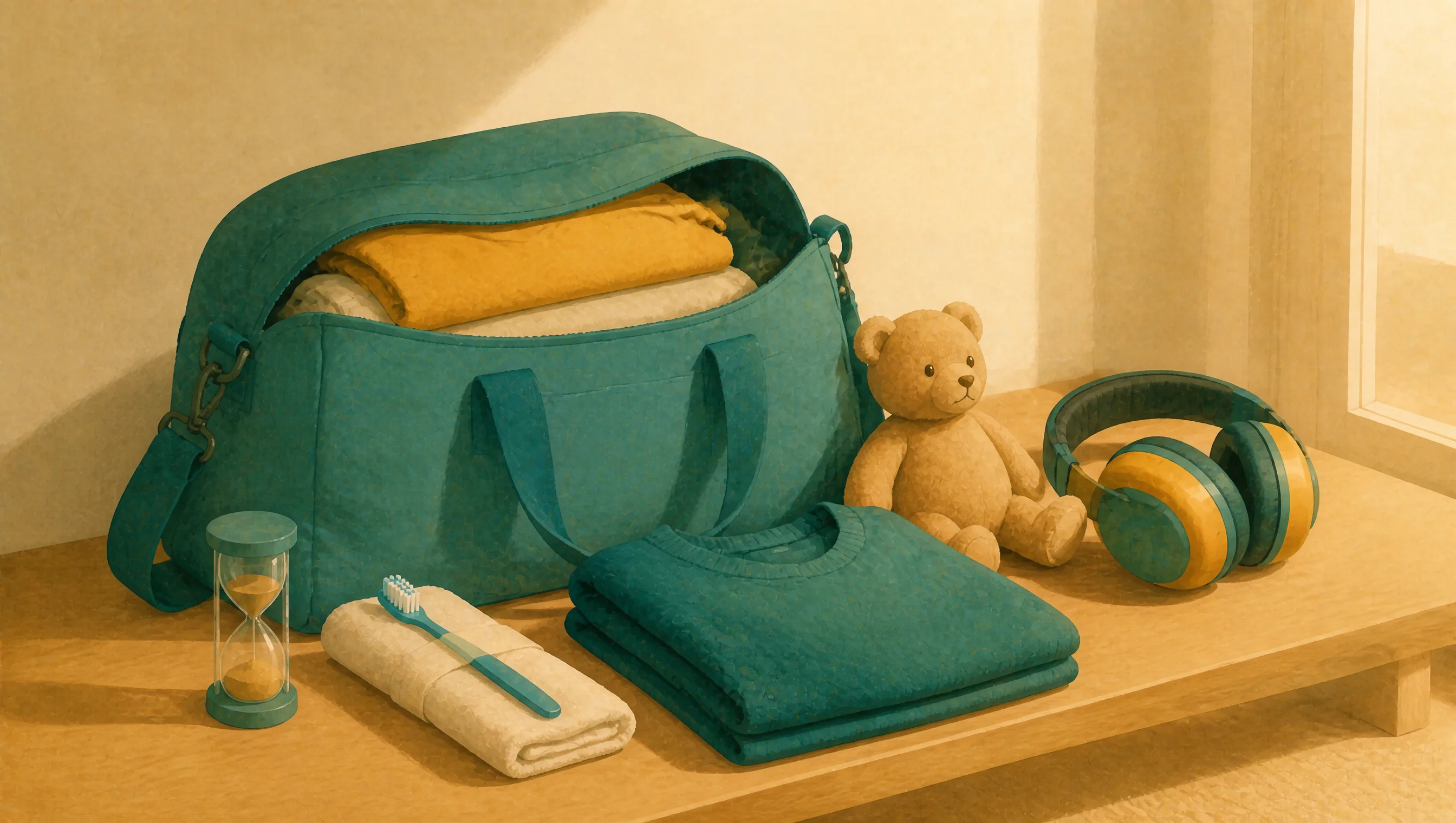A packed teal duffel bag with clothes and a blanket, beside a teddy bear, headphones, a toothbrush wrapped in a towel, a folded jumper and an hourglass.