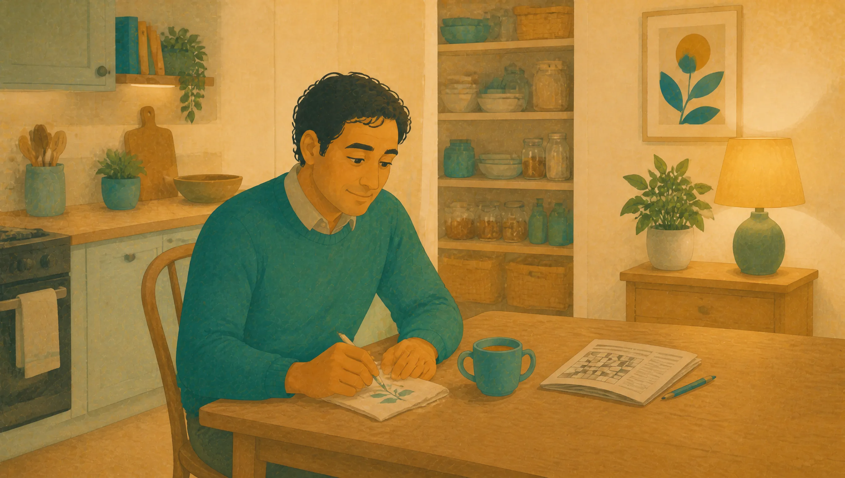 A man in a teal jumper sits at a wooden kitchen table sketching a leaf on paper beside a mug and an open puzzle book, in warm lamp light.