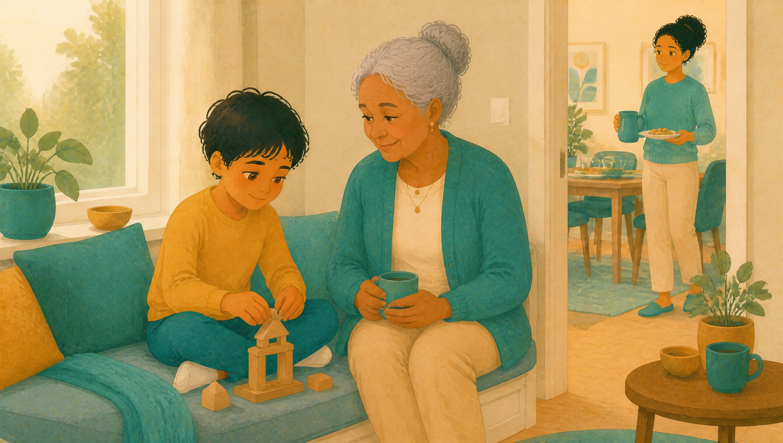 A boy building a wooden block tower on a sofa beside a grey-haired woman holding a mug, while another woman carries plates towards a dining table beyond.