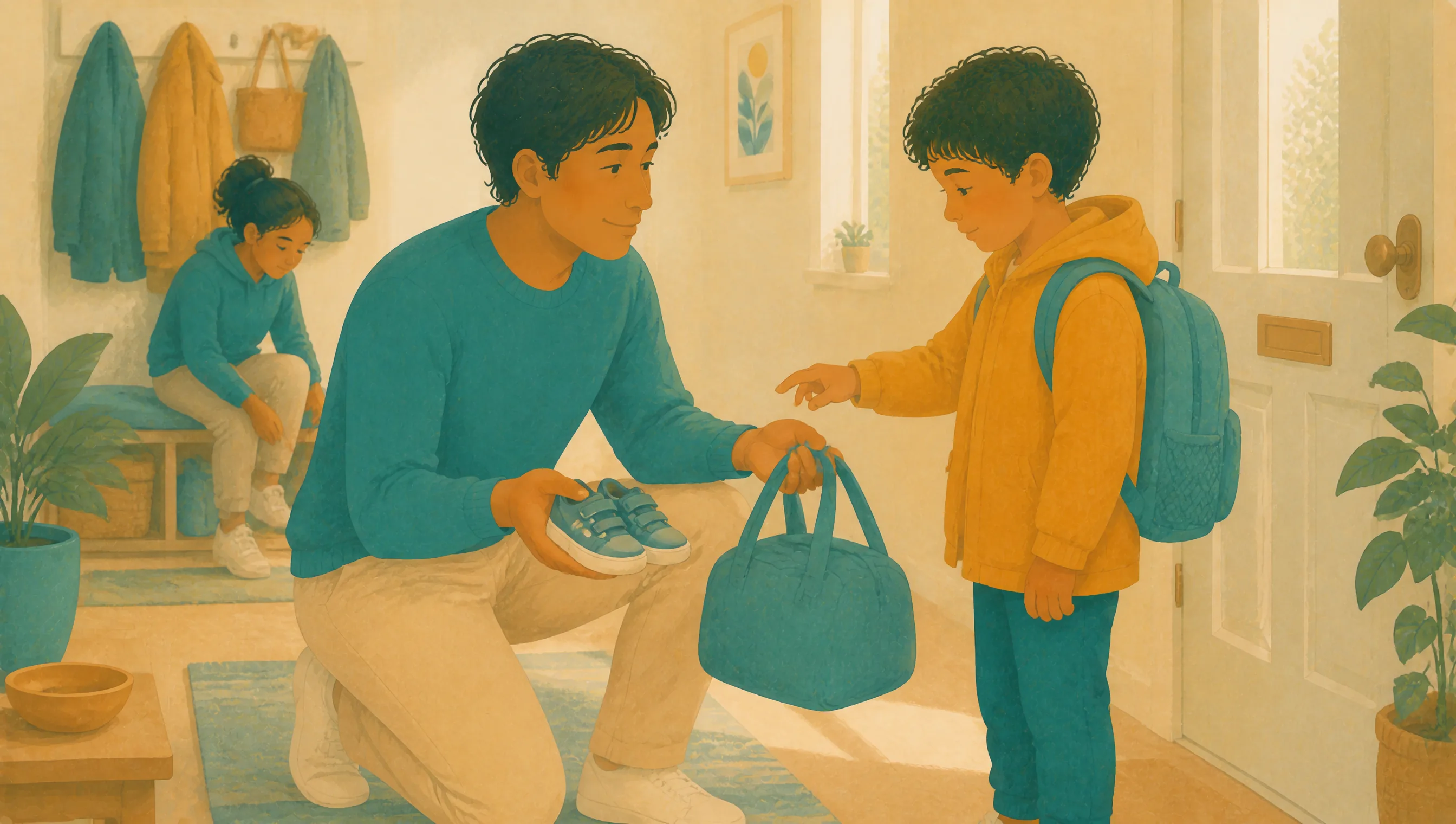 A man kneels in a hallway holding small shoes and a teal bag, while a boy in a yellow coat and backpack reaches for the bag near the front door.