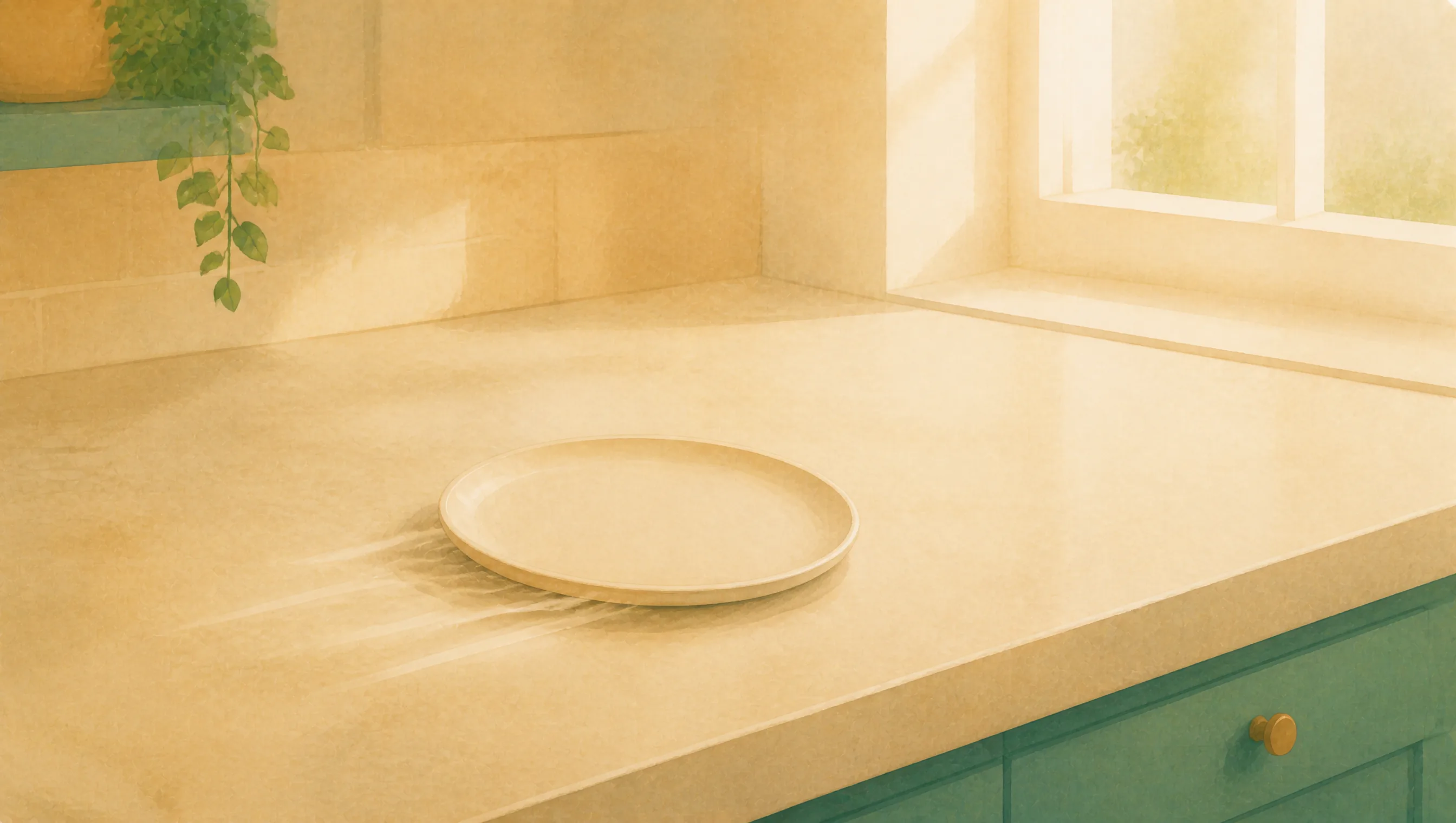 A single plate rests on a pale kitchen worktop beside a trailing green plant, with teal cabinetry below and soft morning light coming through a window.