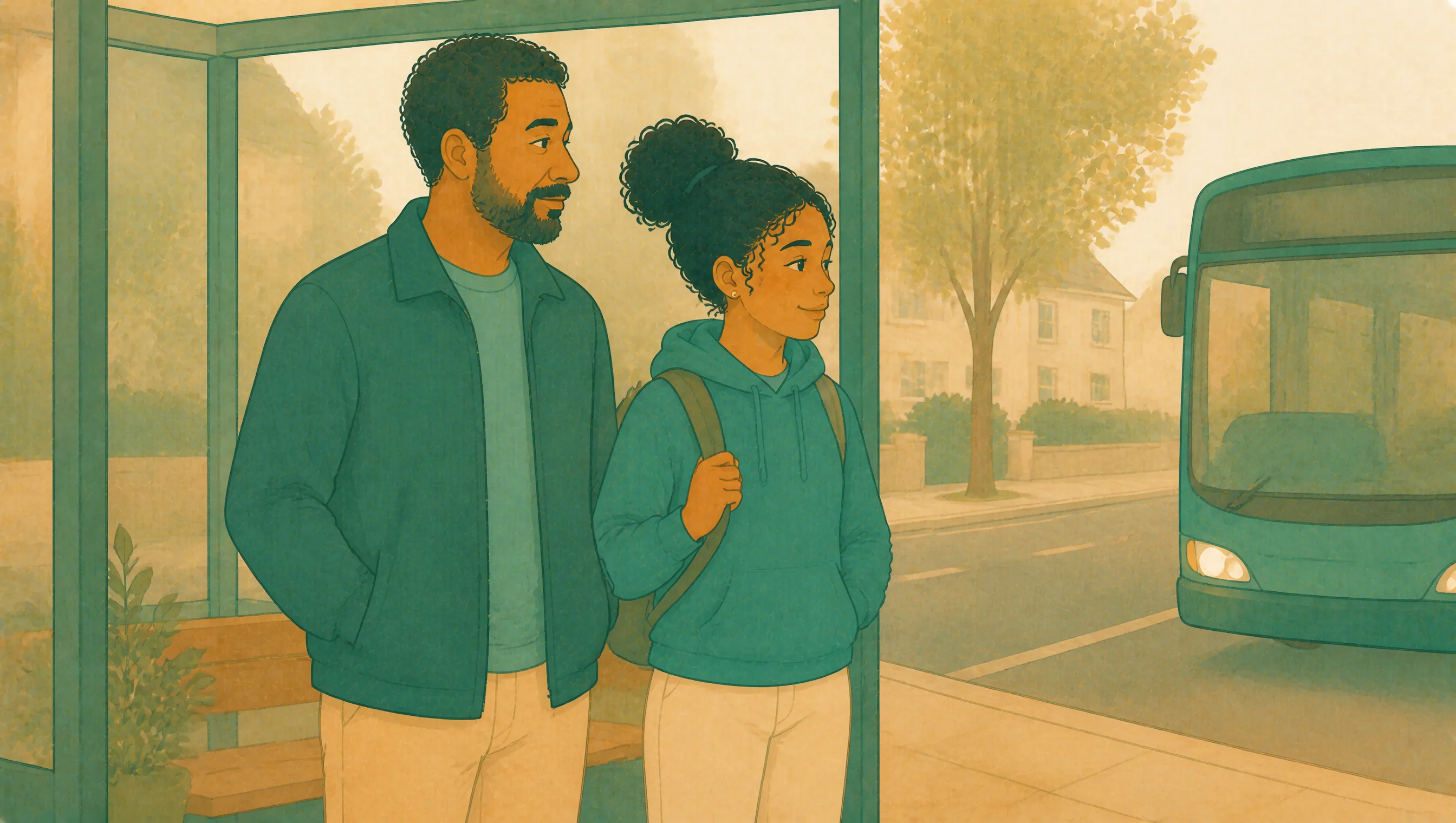 A father and his teenage daughter wait together at a bus stop, her school bag over one shoulder.