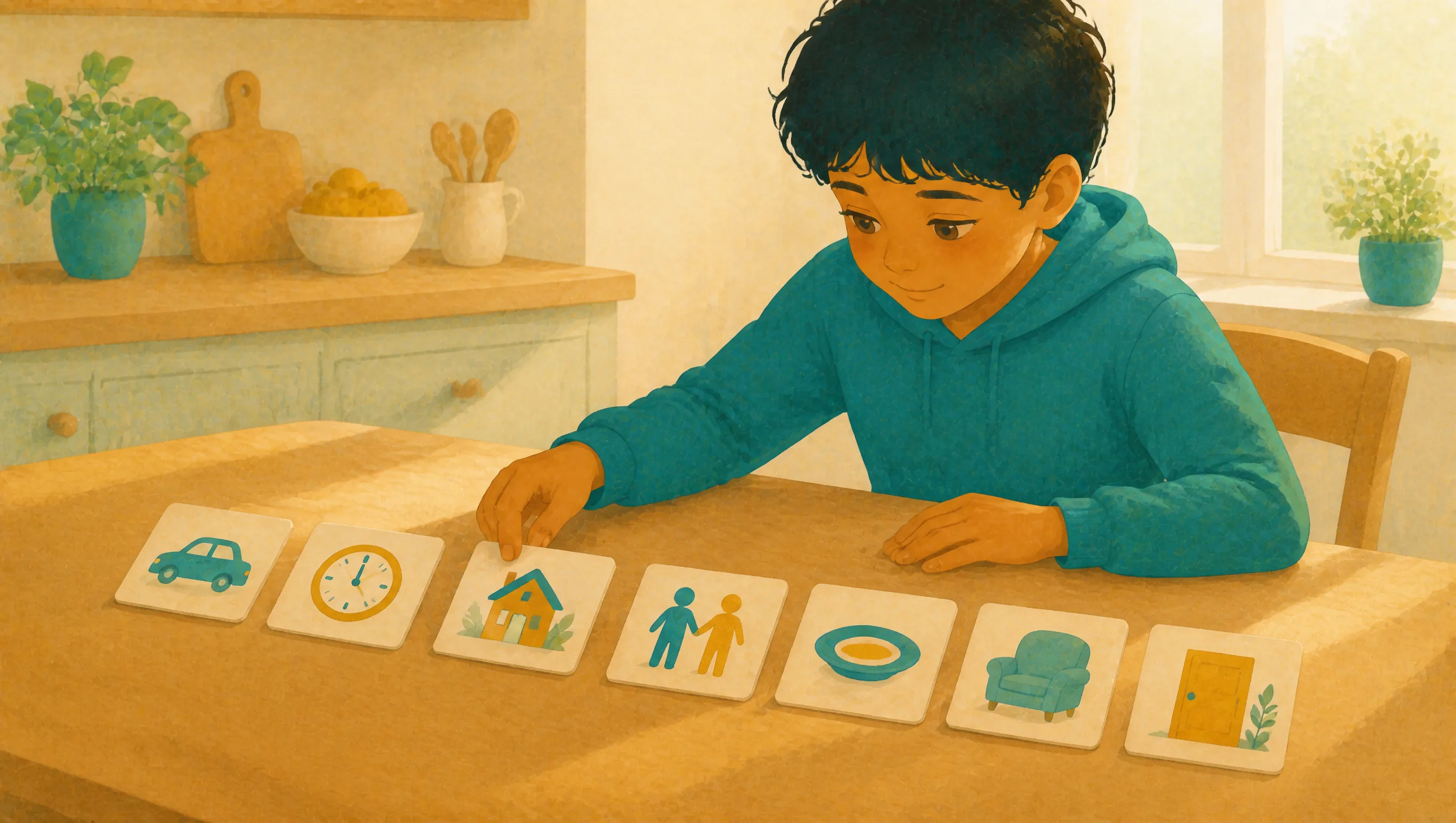 A boy at a kitchen table reaching to touch a house picture card, one of seven cards showing a car, clock, house, two people, bowl, chair and door.
