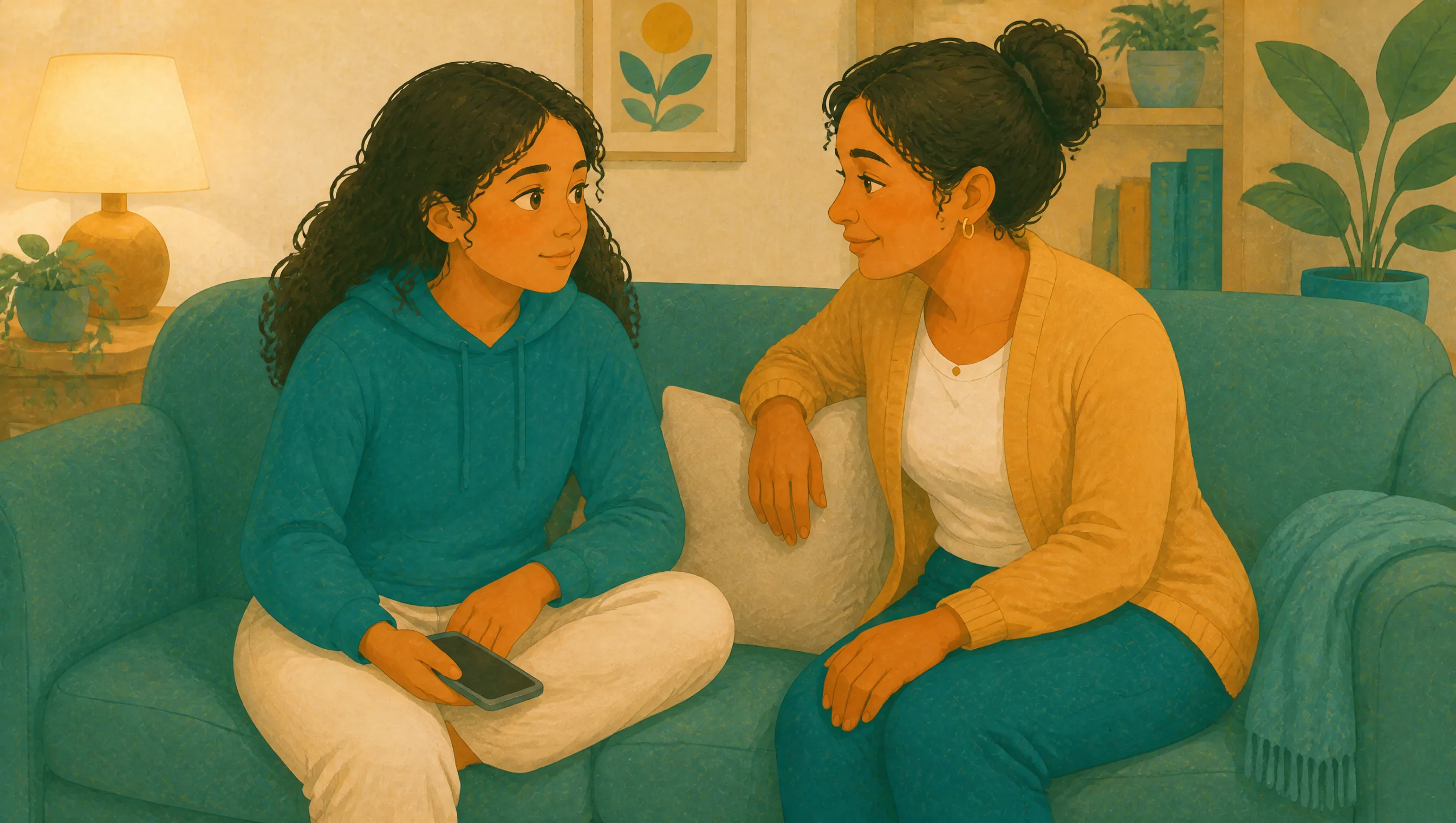 A teenage girl and a woman sit facing each other on a sofa, the girl holding a phone with a dark screen, houseplants and a bookshelf behind them.