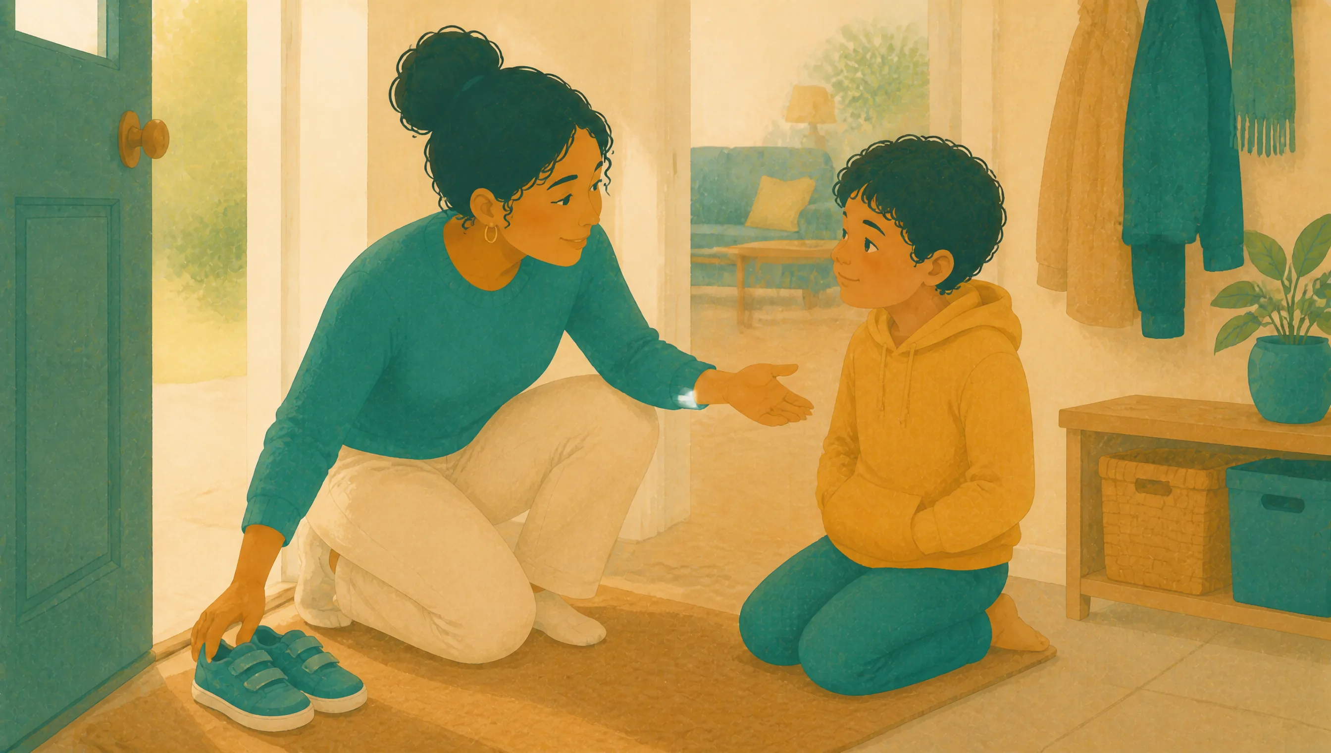 A woman kneels in a hallway, reaching a hand towards a boy kneeling opposite her, with small trainers set on the mat beside an open front door.