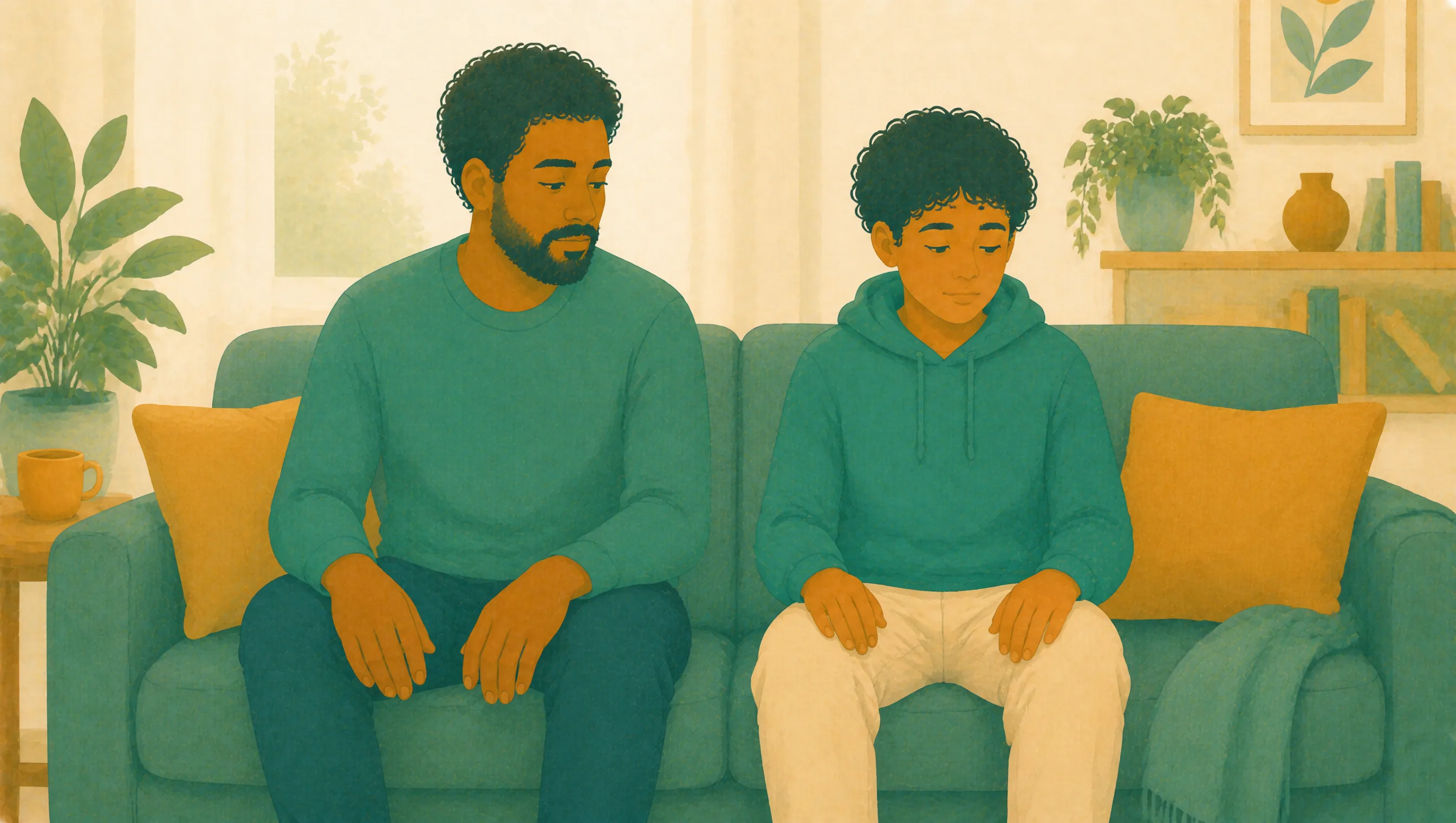 A father and son sit side by side on a sofa, both looking down with their hands resting in their laps, neither one talking.