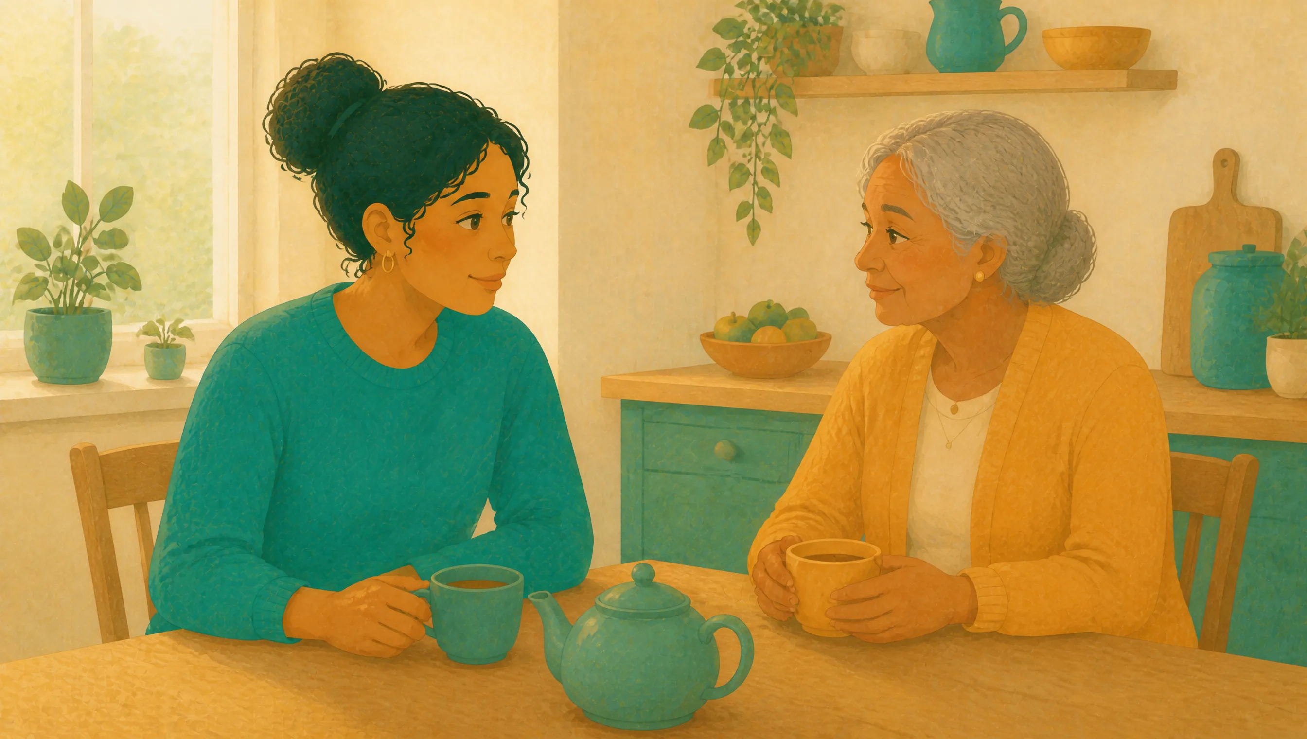 Two women sitting at a kitchen table with a teapot and mugs, facing each other in conversation, one younger and one older with grey hair.