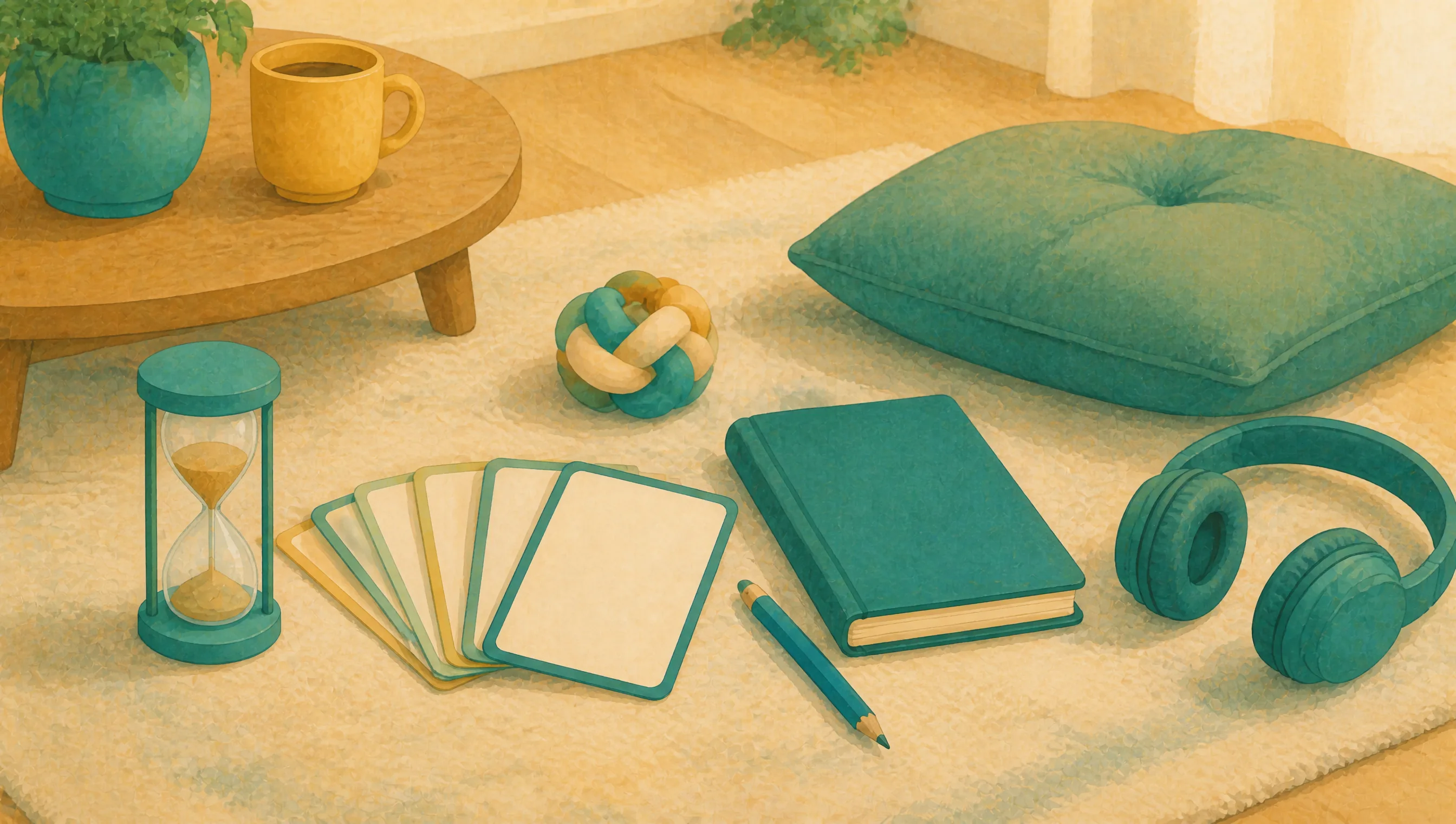 A sand timer, a fan of blank cards, a knotted fidget toy, a closed notebook and pencil and a pair of headphones laid out on a rug, with a floor cushion and a low table nearby.
