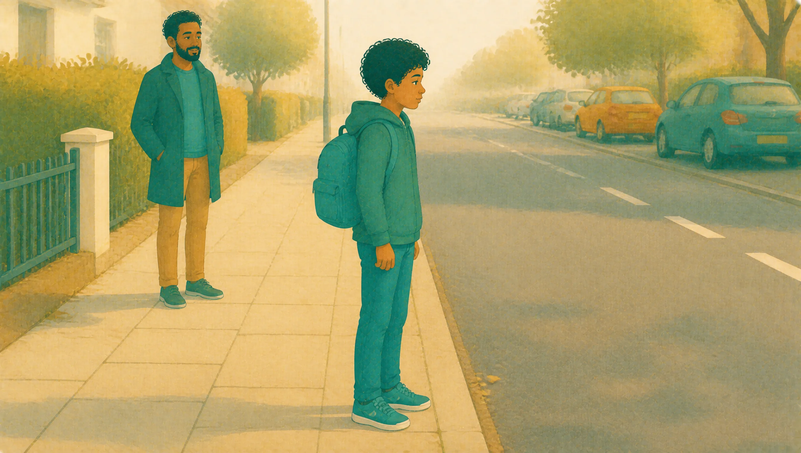 A boy with a rucksack stands at the kerb looking along a residential street, while his father waits a short distance behind him on the pavement.