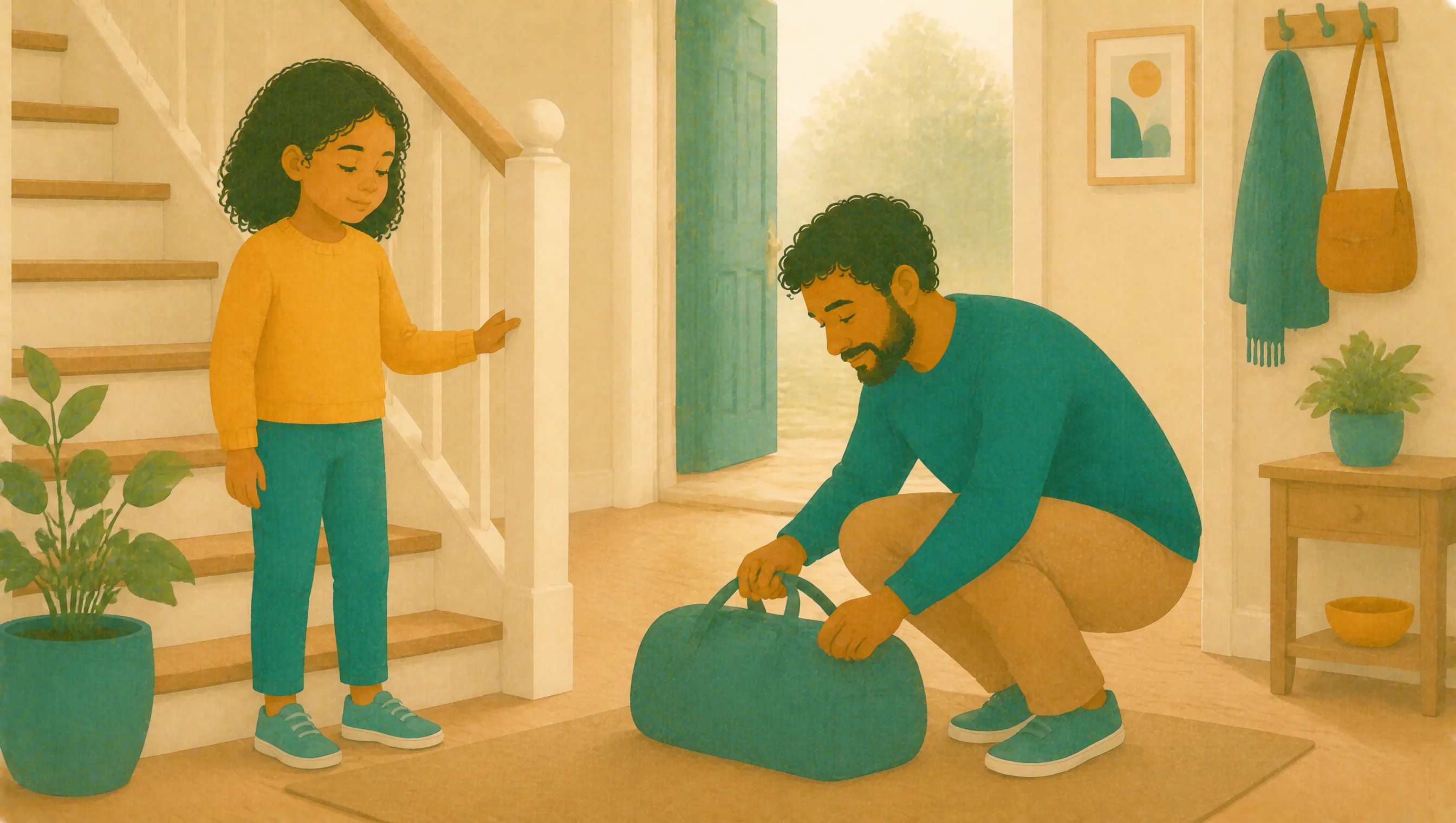 A father kneels to pack a bag by the front door while his daughter waits on the stairs beside him.
