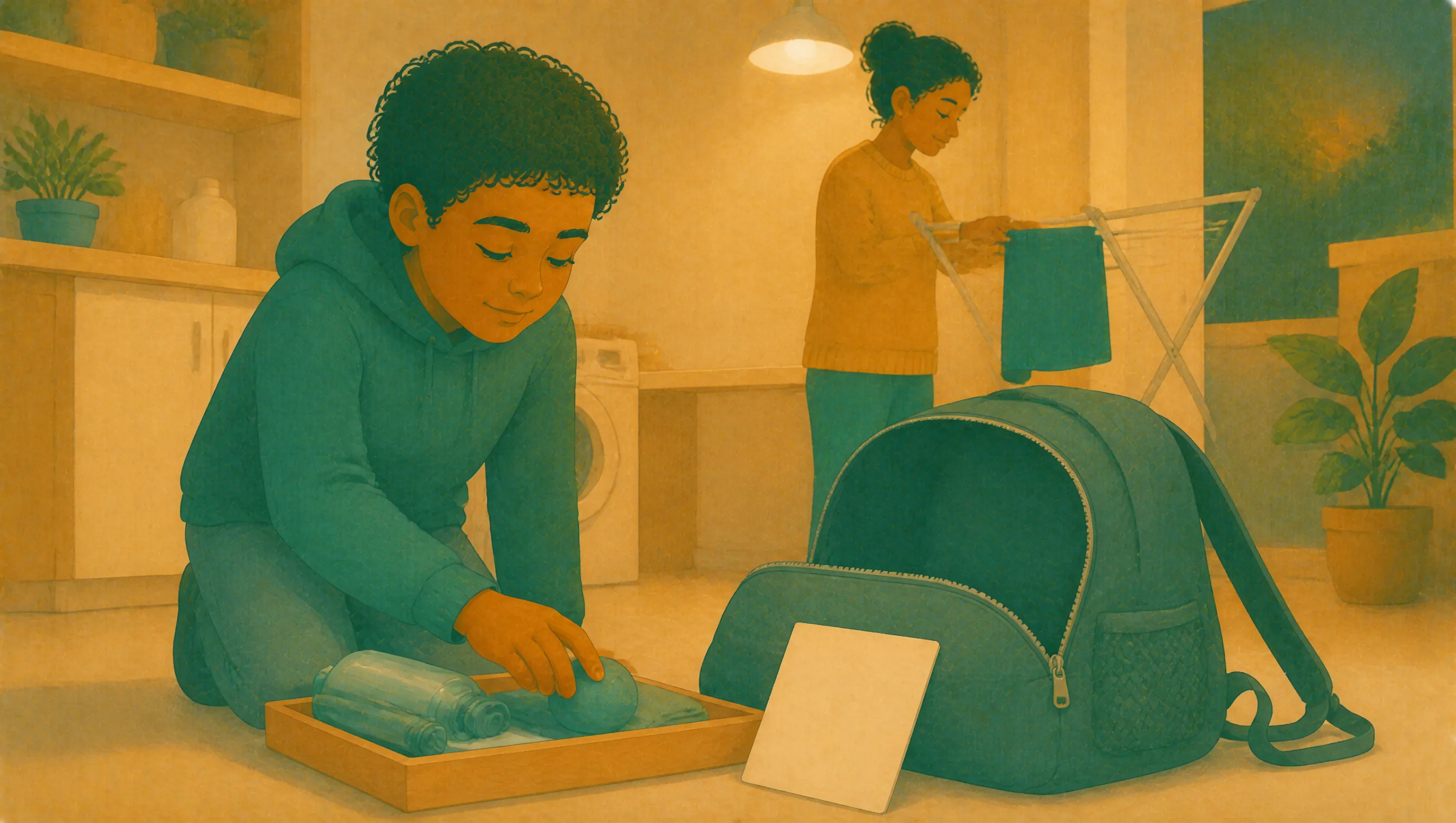 A boy kneels packing a water bottle into a tray beside his open school bag, while behind him his mother hangs washing on a drying rack.